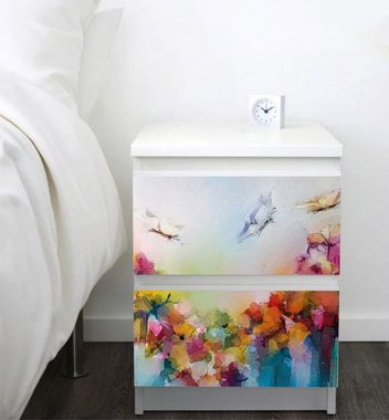 MyMaxxi Möbelfolie MyMaxxi - Klebefolie Möbel kompatibel mit IKEA Malm Kommode - Motiv Blühendes Blütenfeld mit fliegenden Schmetterlingen - Möbelfolie selbstklebend - Dekofolie Tattoo Aufkleber Folie - Gemälde Zeichnung bunt