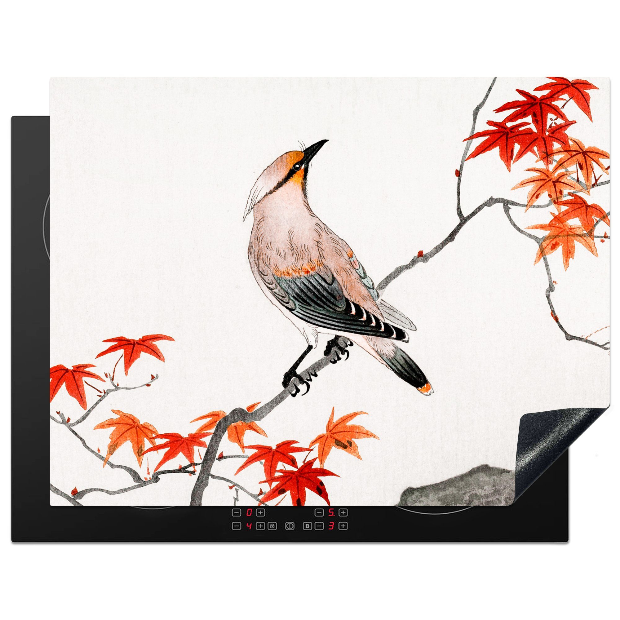 MuchoWow Herdblende-/Abdeckplatte Vogel - Baum - Japanischer Ahorn - Vintage - Skandinavisch, Vinyl, (1 tlg), 77x59 cm, Ceranfeldabdeckung, Arbeitsplatte für küche