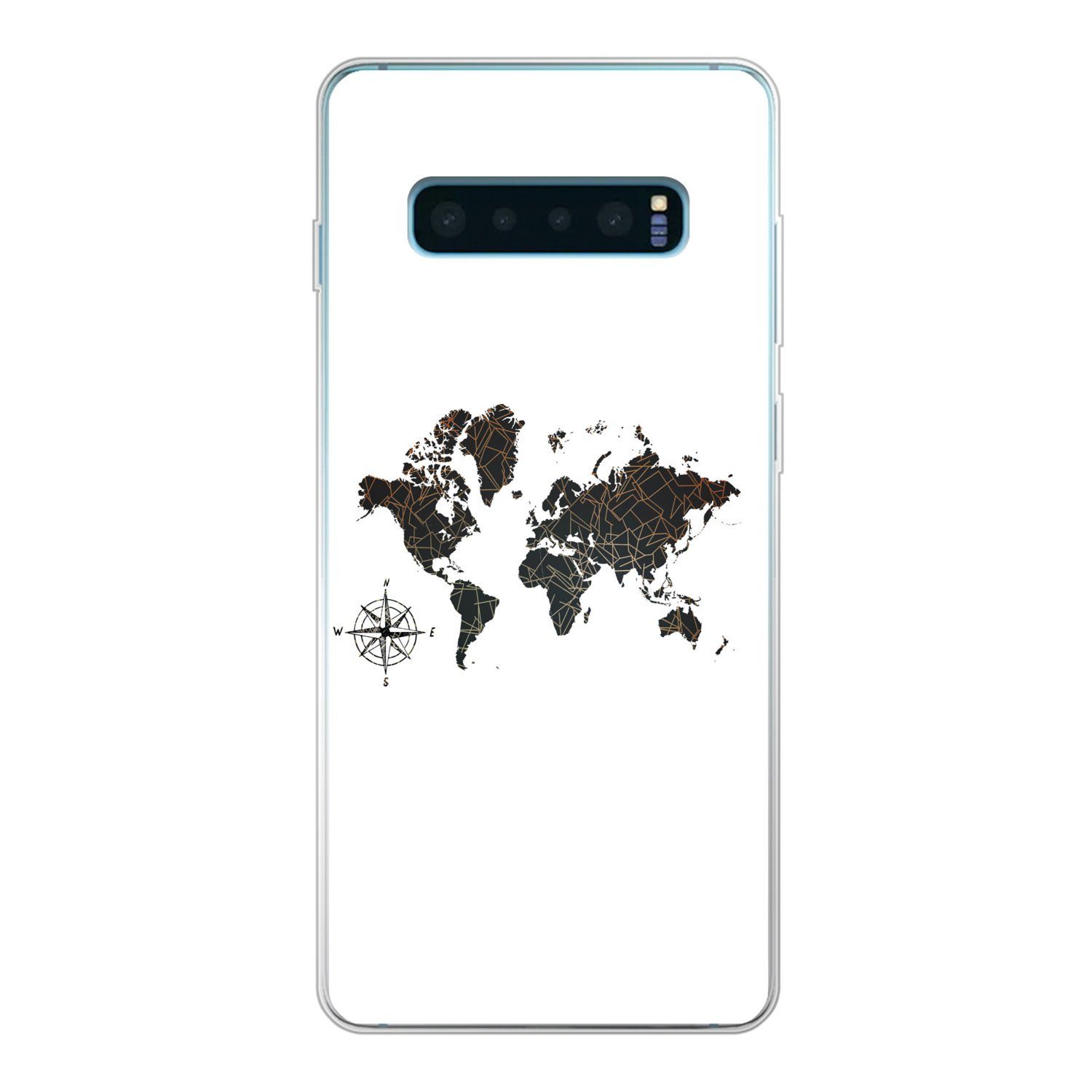 MuchoWow Handyhülle Weltkarte - Gold - Schwarz - Windrose, Phone Case,  Handyhülle Samsung Galaxy S10+, Silikon, Schutzhülle