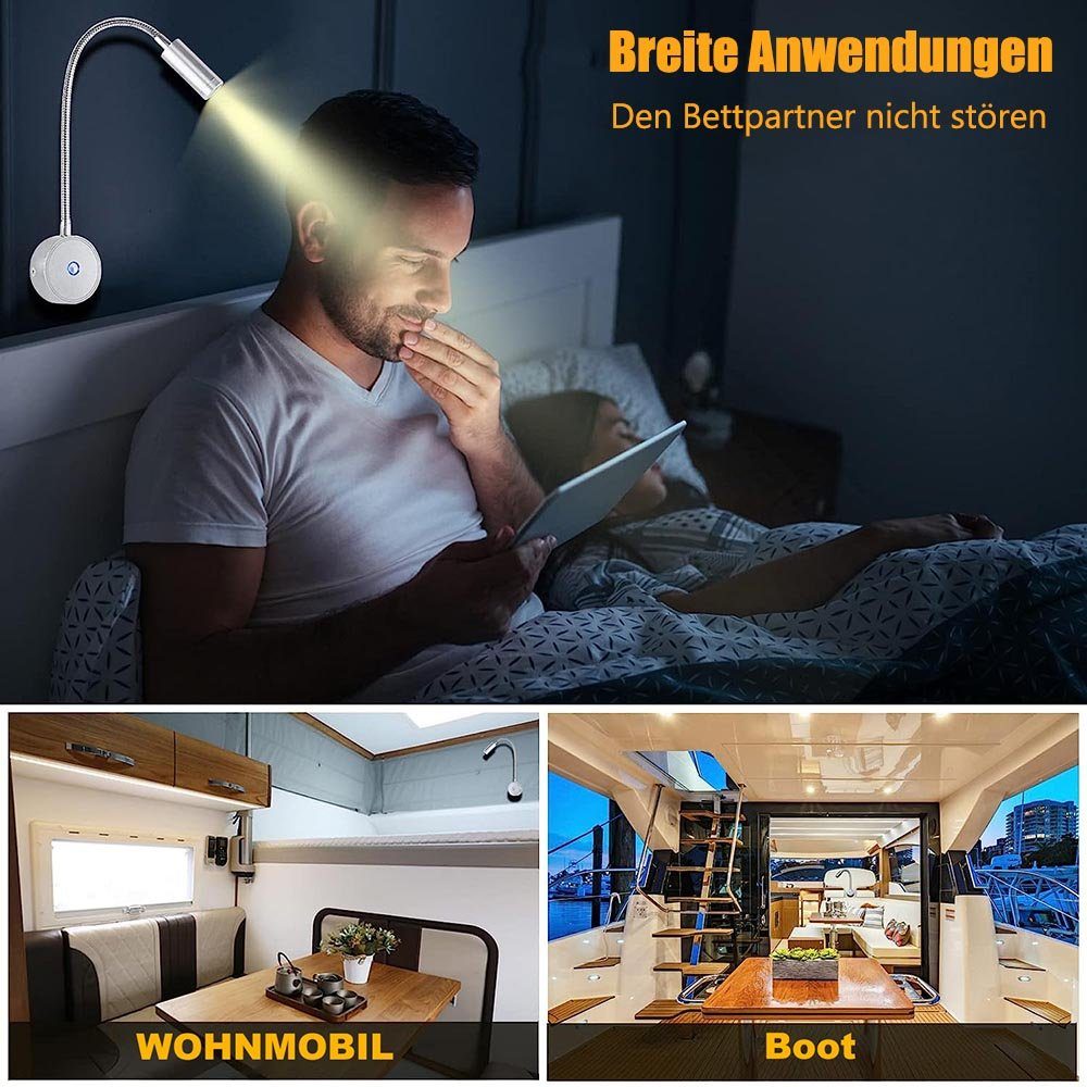 MUPOO LED Leselampe LED Nachtlicht,Wandlampe LED Leselicht mit Schalter & USB, 360°Gedreht, 3 Lichtfarben, Dimmbar, LED fest integriert, Dimmbar,Bettlampe,LED Leselampen,Schwenkbar,Schwarz&Silber