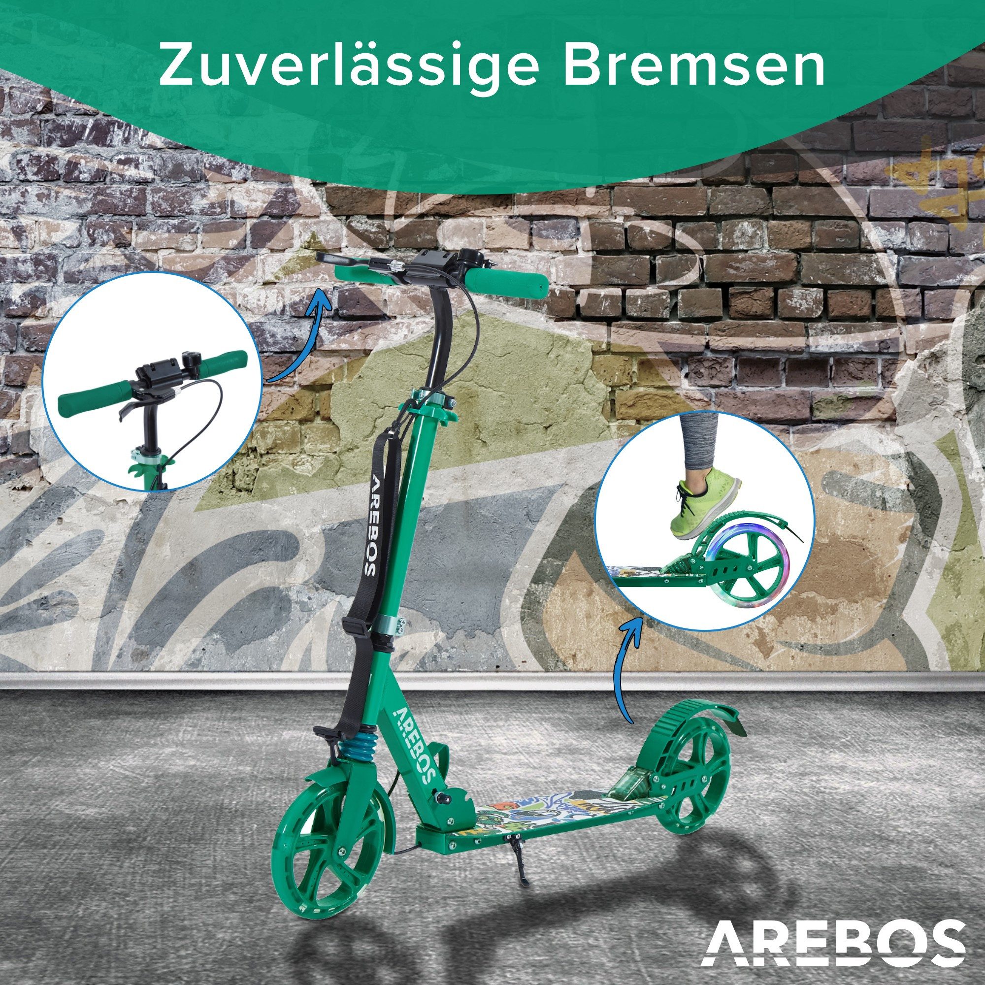 Arebos Tretroller LED-Reifen, faltbar, höhenverstellbar, inkl.Klinge l& Bremsen 100 kg, LED-Reifen: Leuchten während der Fahrt, für mehr Sichtbarkeit und Spaß