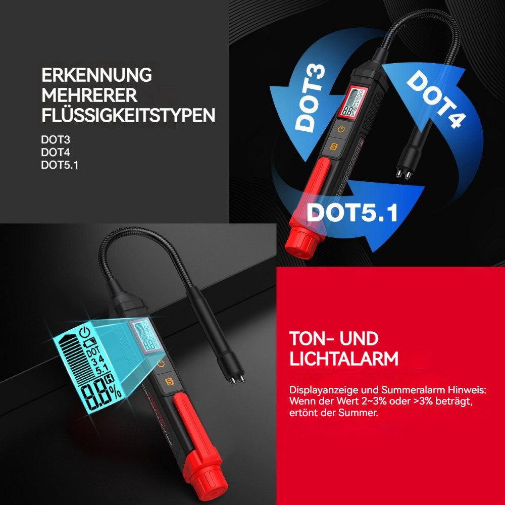 QUBEBU Leitwertmessgerät Bremsflüssigkeitstester Bremsflüssigkeitsprüfer für DOT3 DOT4 DOT5.1, (Digitale Bremsflüssigkeit Siedepunkt Messgerät für DOT3 DOT4 DOT5.1, mit LCD, Bremsflüssigkeit Tester Stift, Wassergehaltstester)