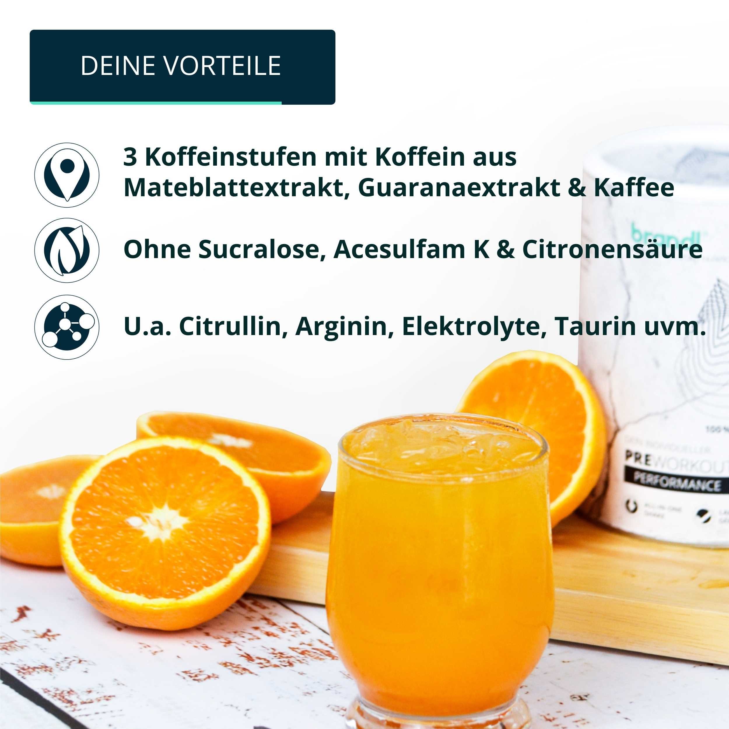 Brandl Nutrition PreWorkout Booster mit Vitamin B6, L-Citrullin für Gym und Workouts Pulver, Performance Shake, tropical orange & unabhänging laborgeprüft