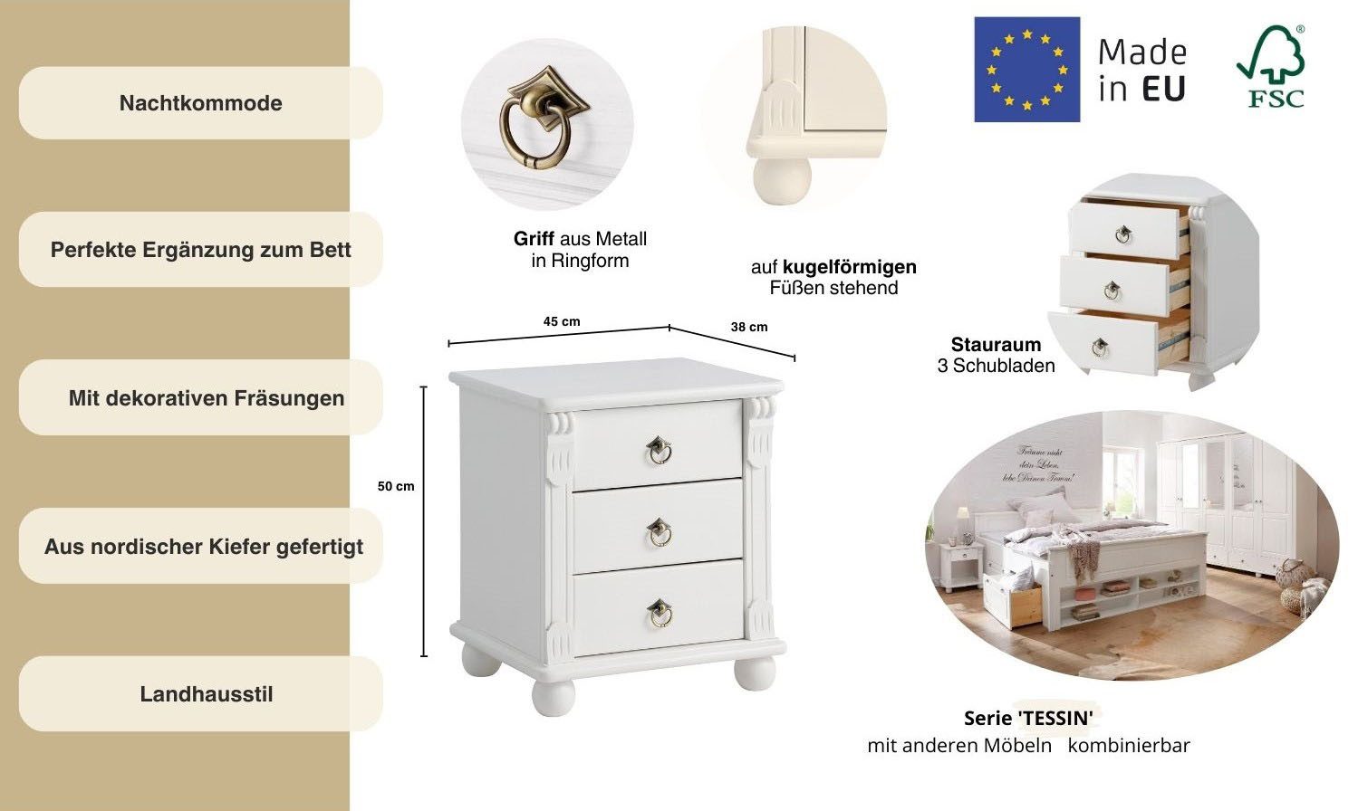 OTTO home Nachtkommode Tessin, aus massiver FSC®-zertifizierter Kiefer, mit 3 Schubladen