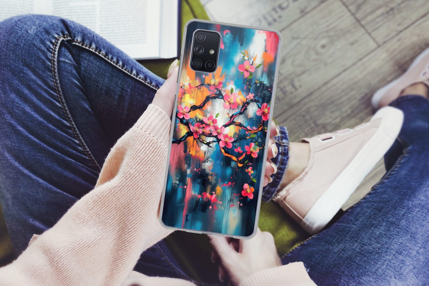 MuchoWow Handyhülle für Samsung Galaxy A51 Blumen - Zweig - Künstlerisch - Rosa, Smartphone-Bumper, Print, Handy Schutzhülle Dünn