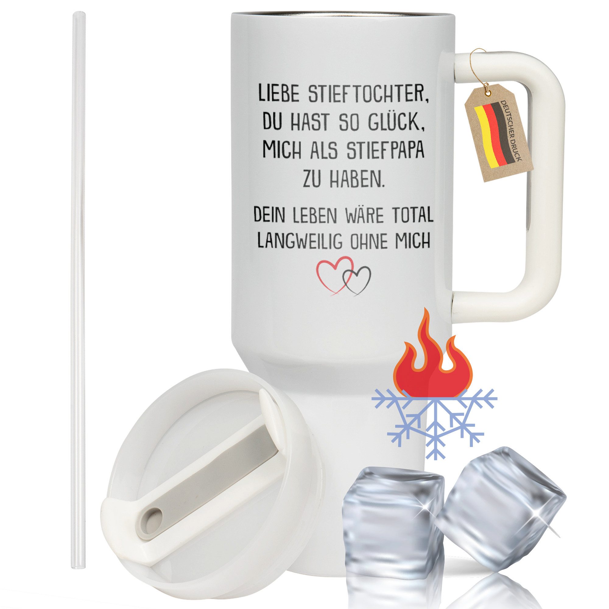 22Feels Thermobecher XXL Thermobecher Geschenk Stieftochter Stiefpapa Geburtstag, Edelstahl (Thermoisoliert), IN DEUTSCHLAND BEDRUCKT - Beidseitig Bedruckter To-Go Tumbler