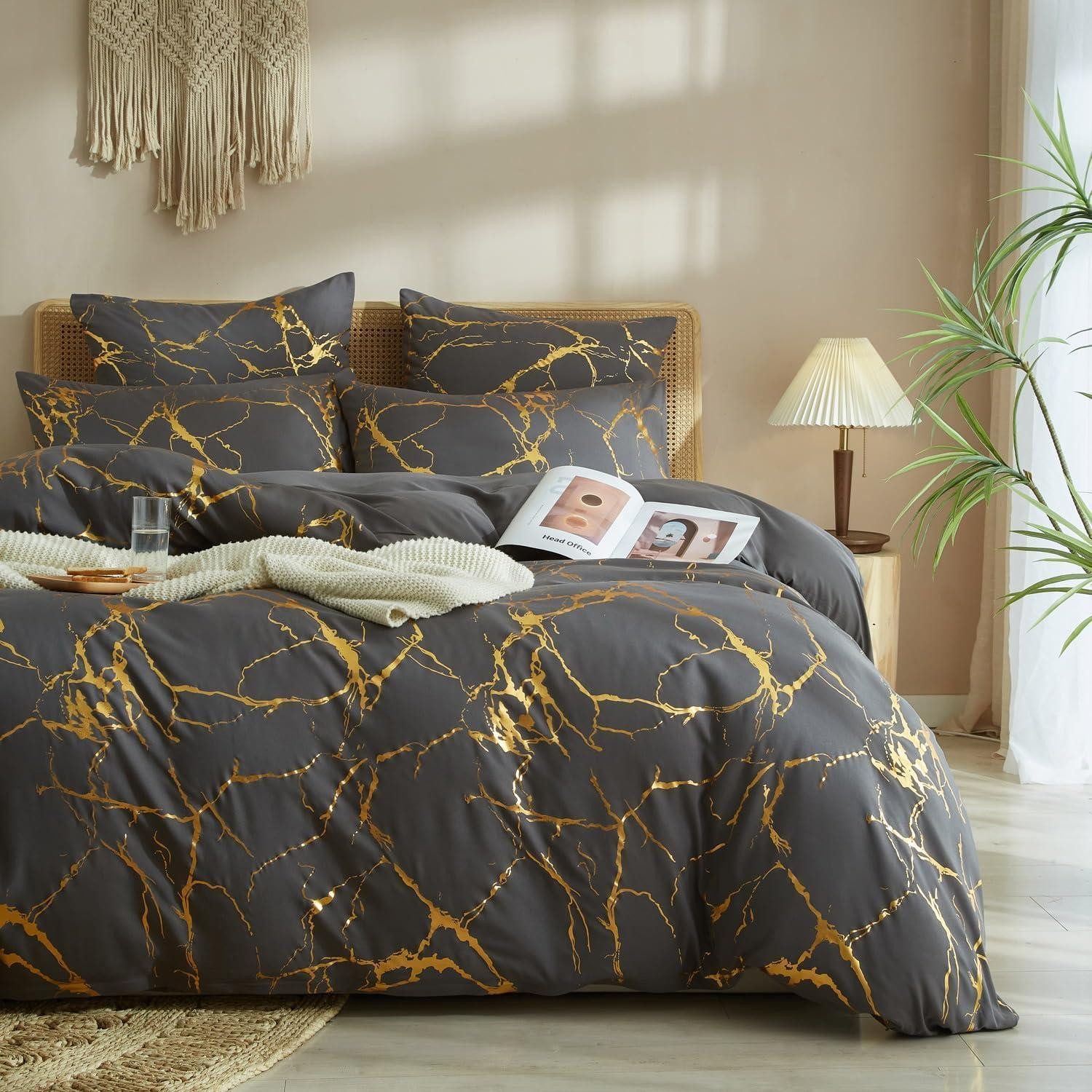 LuxusKollektion Jugendbettwäsche Bettwäsche Set 135x200 Marmor Glitzer Grau Gold