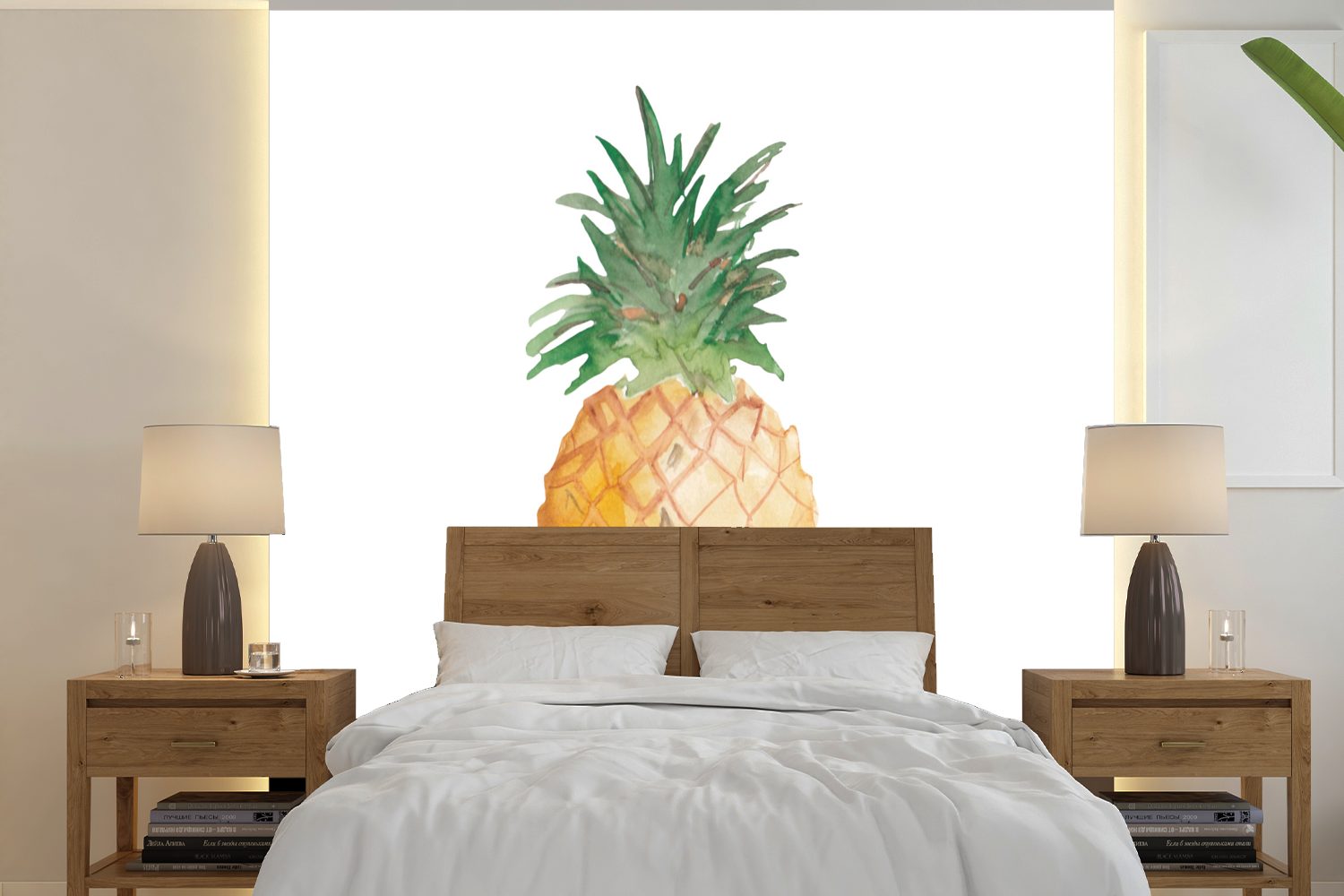 MuchoWow Fototapete Ananas - Aquarellfarbe - Weiß, Matt, bedruckt, (5 St), Vinyl Tapete für Wohnzimmer oder Schlafzimmer, Wandtapete