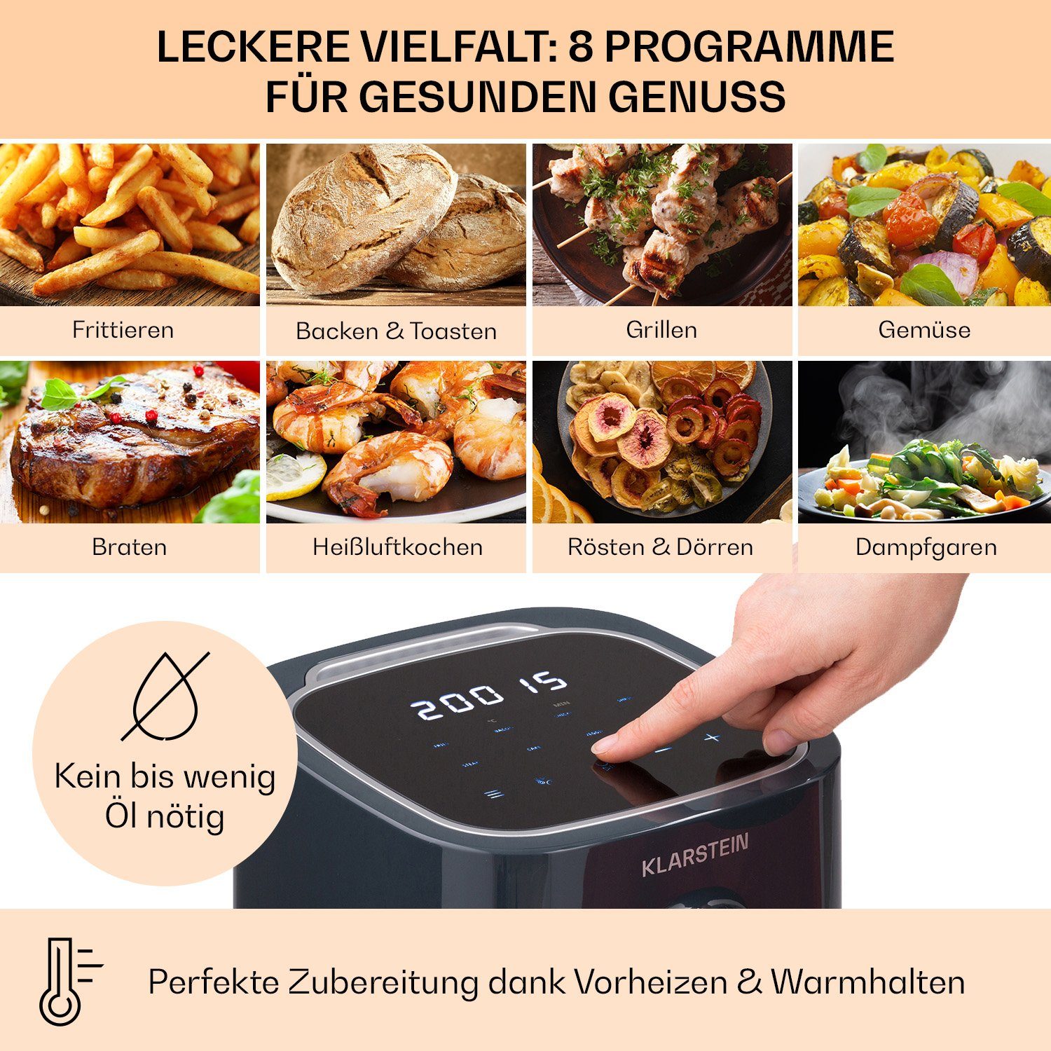 Klarstein Heißluftfritteuse 1400 Crisp-Pro W Heißluftfritteuse Fryer 1400W, Air