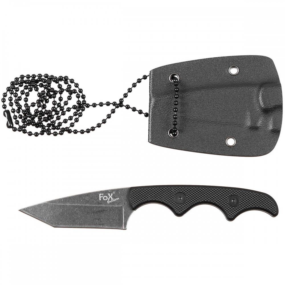 FoxOutdoor Taschenmesser Messer, "Neck II", stonew., Kunststoff-Scheide mit  Kette, (Set, Messer mit Scheide), Tantoklinge stonewashed mit Glattschliff