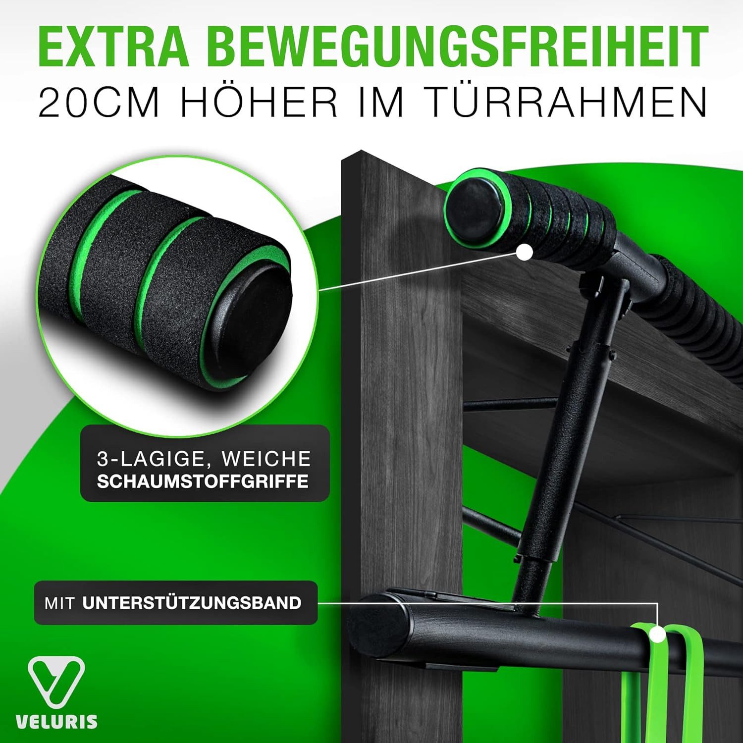 Veluris Klimmzugstange Türrahmen - ohne Bohren, bis 200 kg, 20 cm mehr Freiraum, abgerundet, Klappbar, rutschfeste Schaumgriffe, für Klimmzüge, Dips & Push-ups – Bild 3 von 5