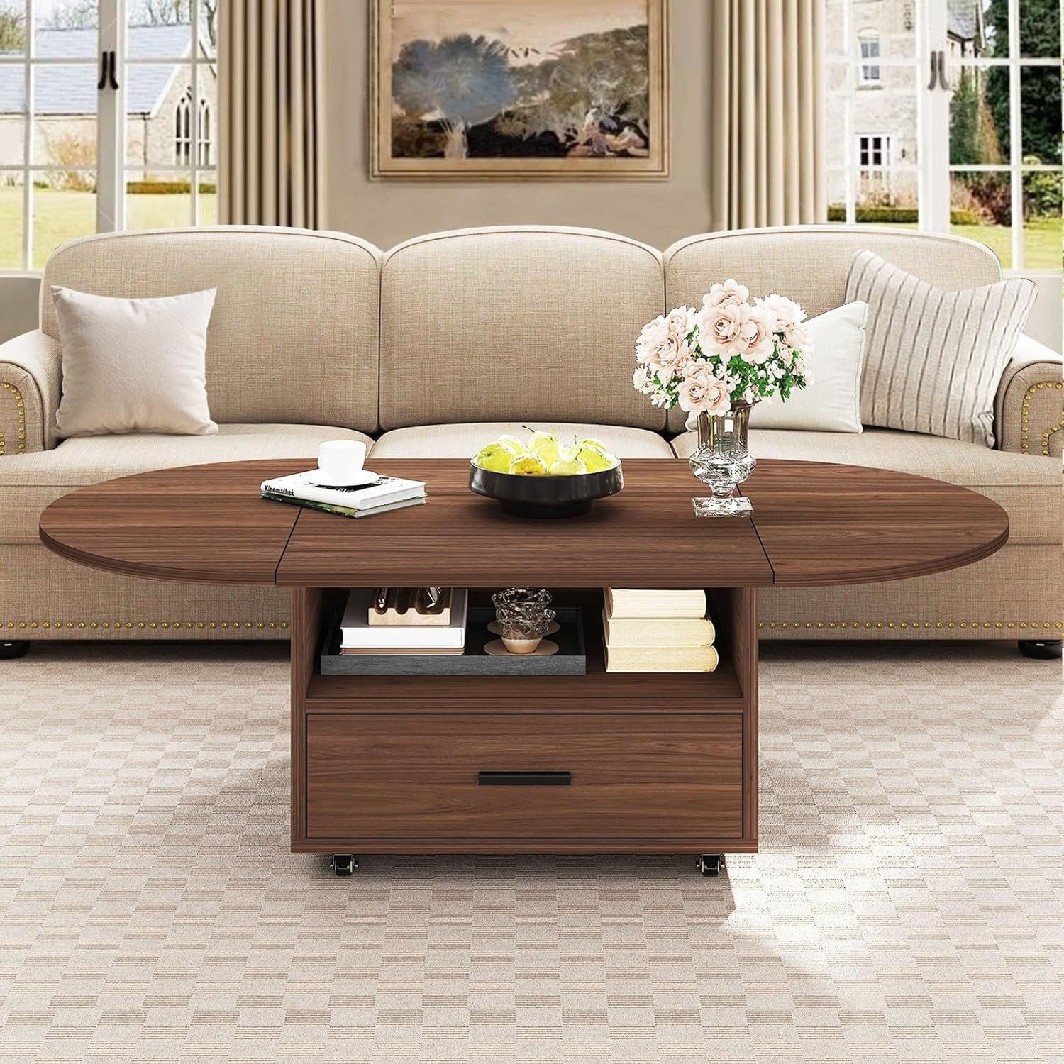 mukuhi Couchtisch COUCHTISCH Klappbar MDF Walnuss Optik mit Schublade Rollen
