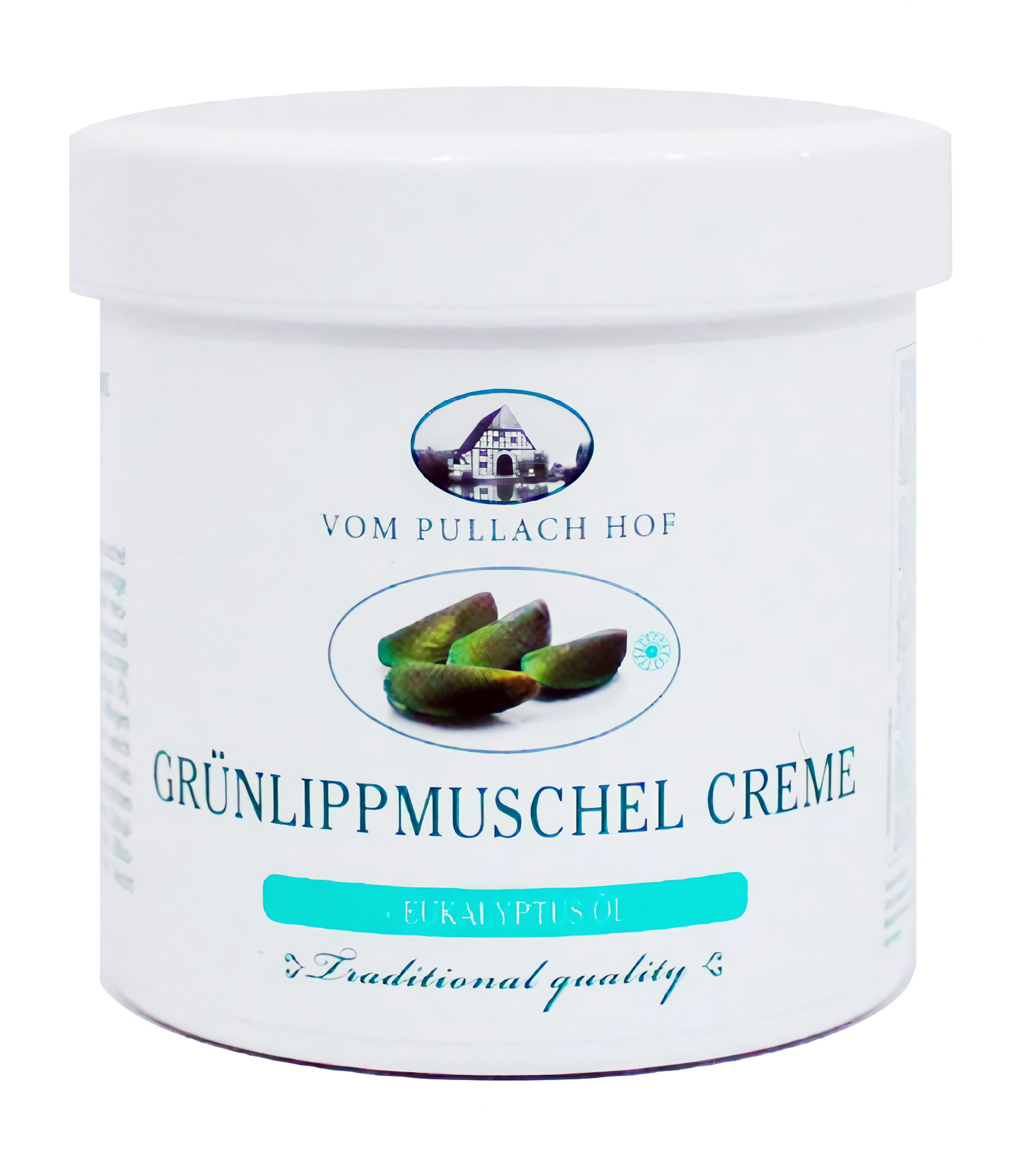 vom Pullach Hof Feuchtigkeitscreme GRÜNLIPPMUSCHEL CREME 250ml mit Eukalyptus-Öl Tannen-Öl Kampfer 49, Hautpflege Hautcreme Balsam Salbe