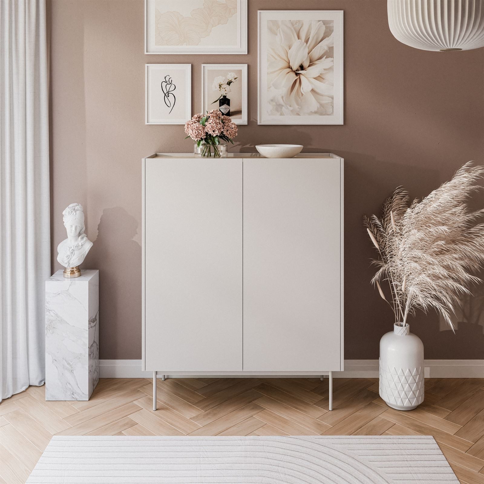 Lookway Hochkommode ESSENCE 2D KD97 mit Zweiflügelige Anrichte Kaschmir / Eiche Linea, 97x37x122 cm – Bild 3 von 5