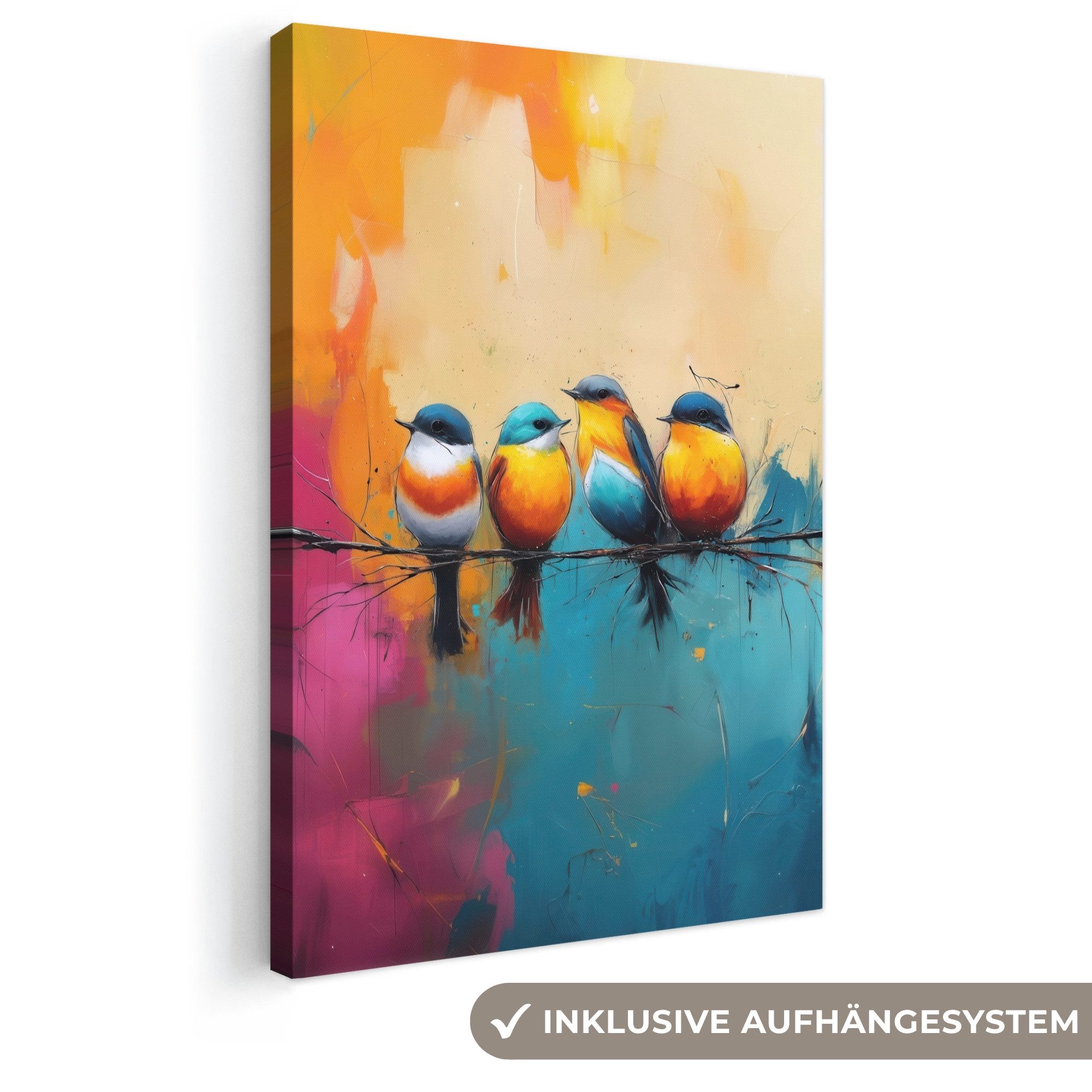 OneMillionCanvasses® Leinwandbild Vögel - Bunt - Zweig - Abstrakt, Fotodruck (1 St), Leinwand Canvas Wandbild, Wanddekoration 20x30 cm