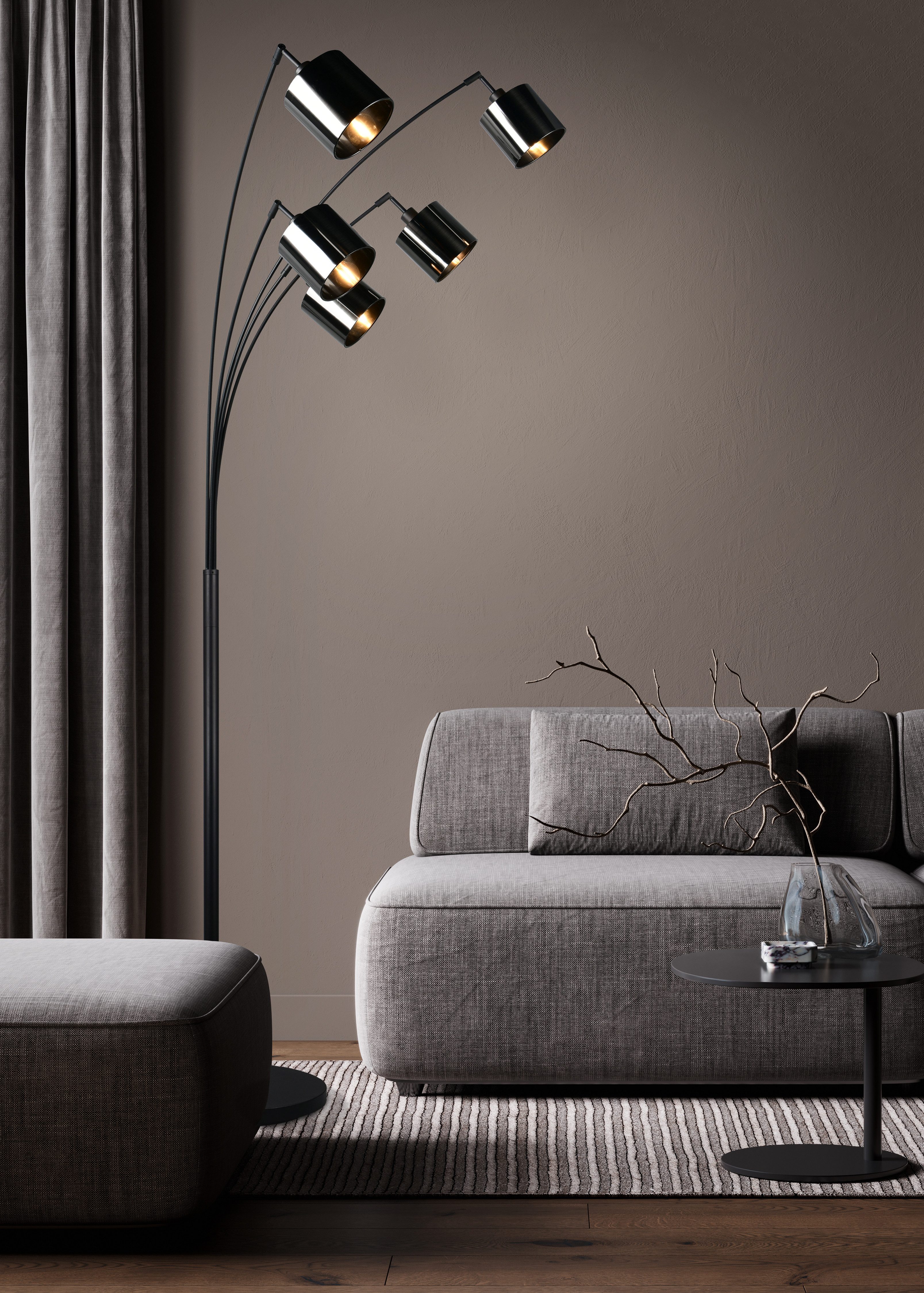 Reality Leuchten Stehlampe JASON, Stehleuchte 5-flammig exkl 5x E14 max 10W, Höhe 200cm 72cm tief, Ein-/Ausschalter, Leuchtmittel wechselbar, warmweiß - kaltweiß, Bogenleuchte Metall schwarz, Lampenschirme rauchgrau, Fußschalter