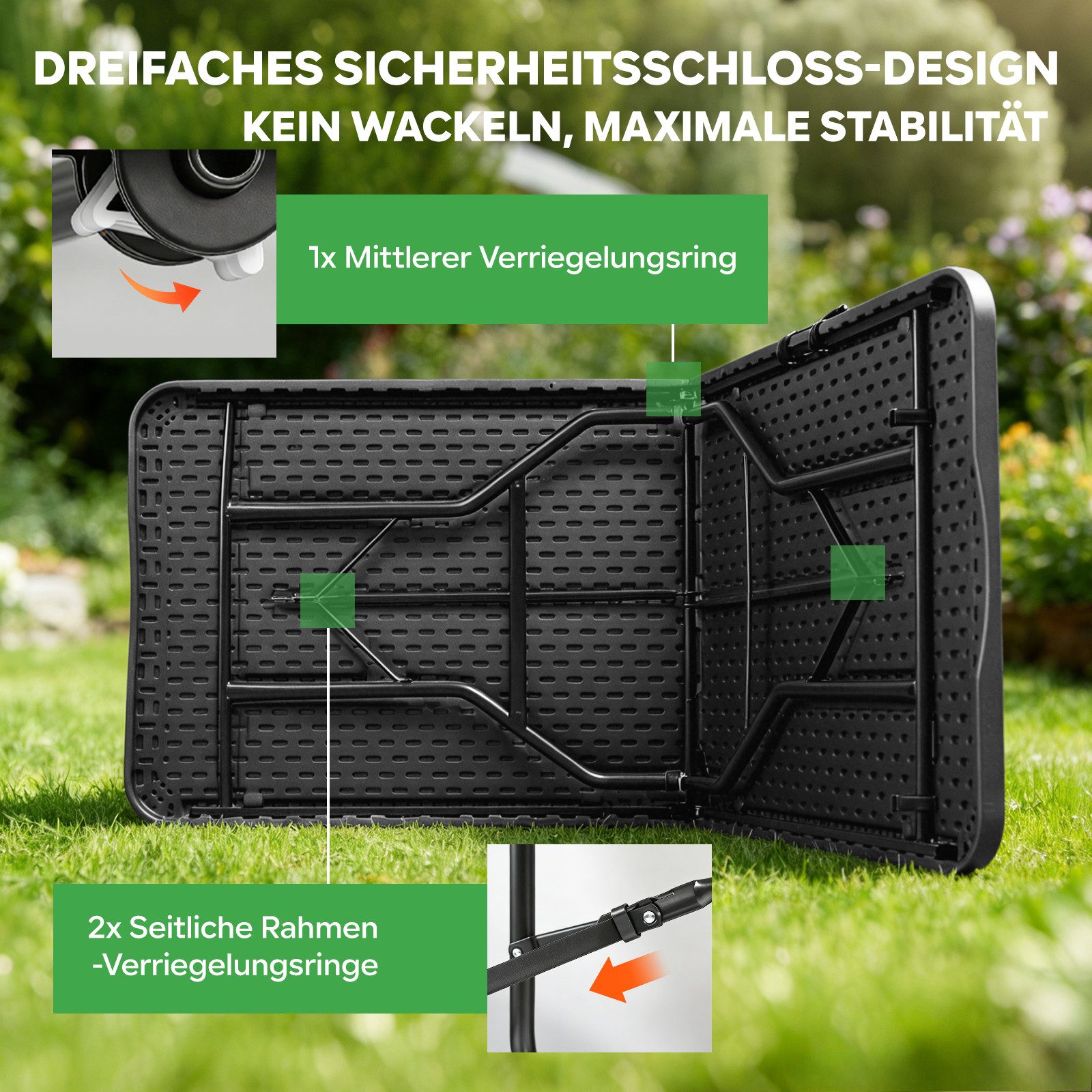 Eiryss Klapptisch 180x74 cm Tragbar Klappbar Gartentisch, Bis 150 kg, für 8-10 Personen (1), Campingtisch Partytisch Buffettisch, Witterungsbeständig – Bild 4 von 5