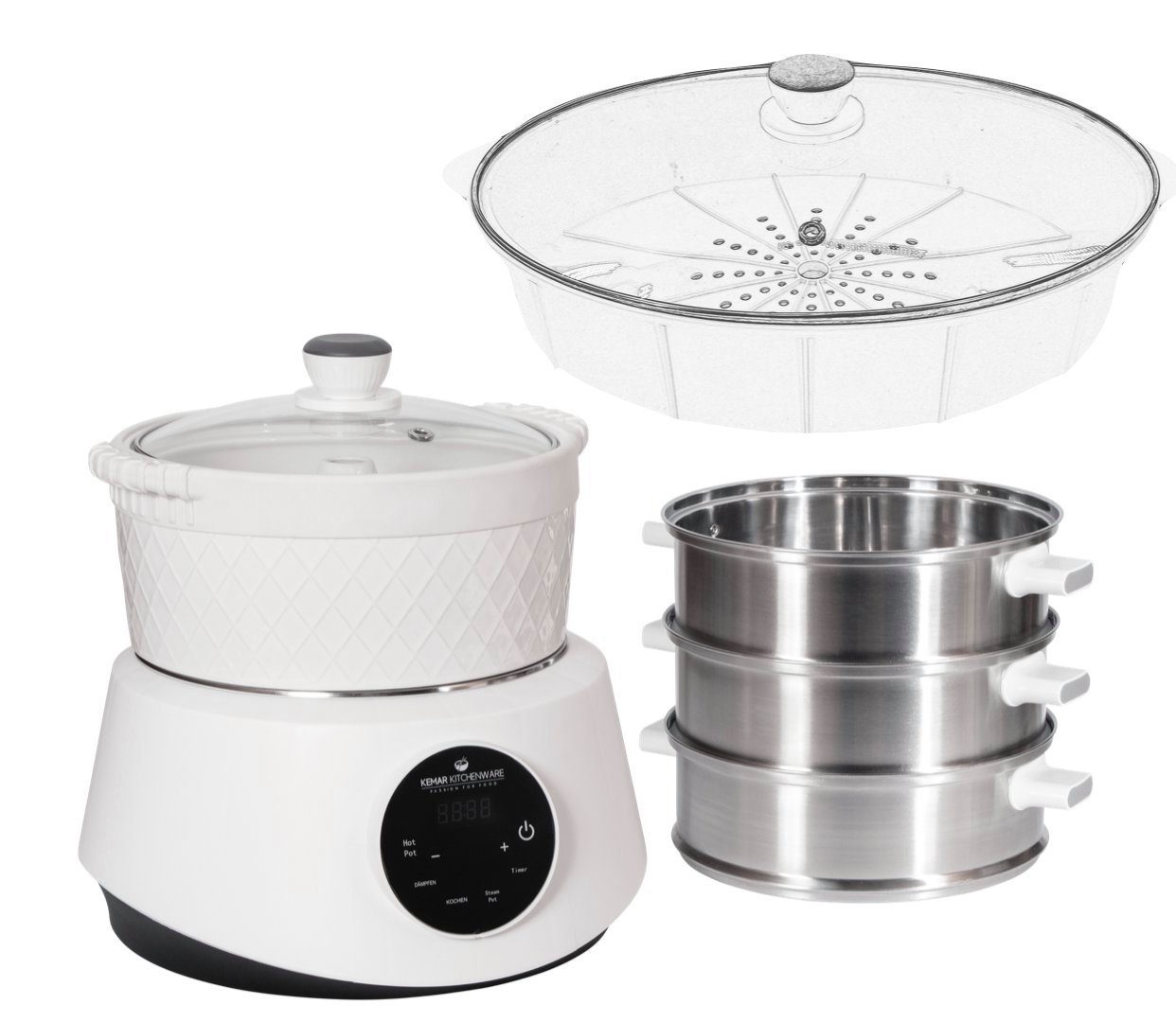 KeMar Kitchenware 4-in-1-Dampfgarer KFS-3000, 1200,00 W, Wassertank aus Edelstahl Dämpfkörbe aus Edelstahl, Glasdeckel