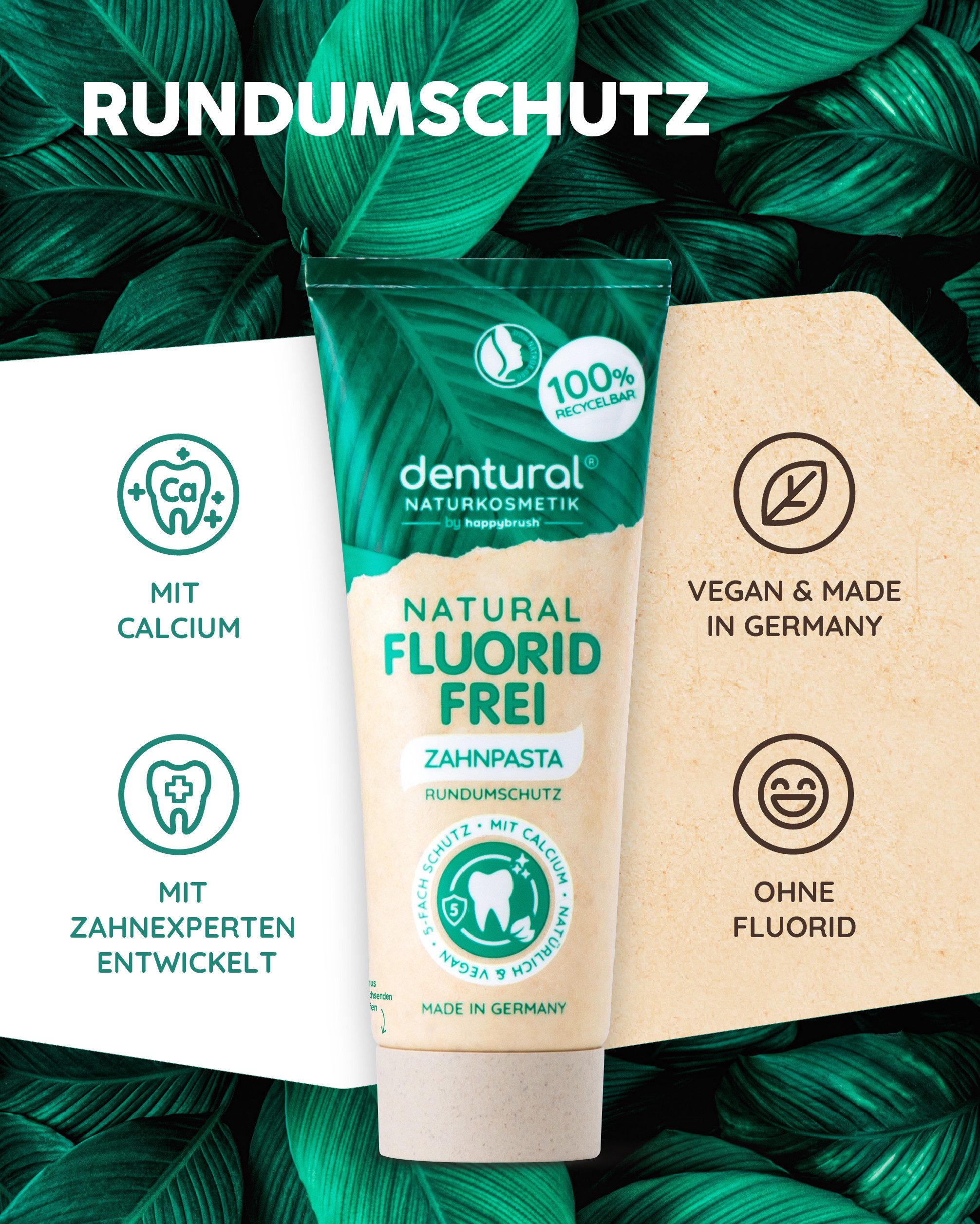 happybrush Zahnpasta dentural - Fluoridfrei - 4er Pack, (Spar-Set) Ohne Mikroplastik, vegan, nachhaltig