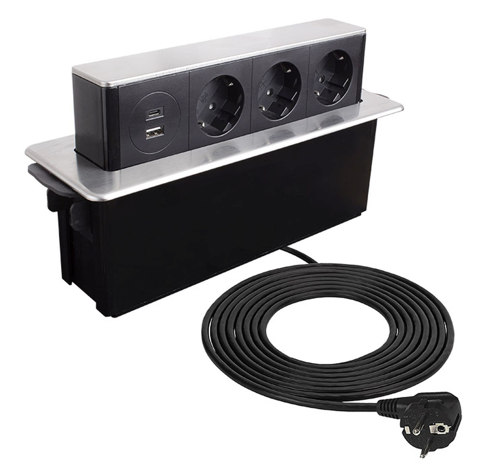 Designlight Einbausteckdose USB A/C Edelstahl 3-fach Tischsteckdose versenkbar Einbau-Tischsteckdose (Kabellänge 2.00 m)