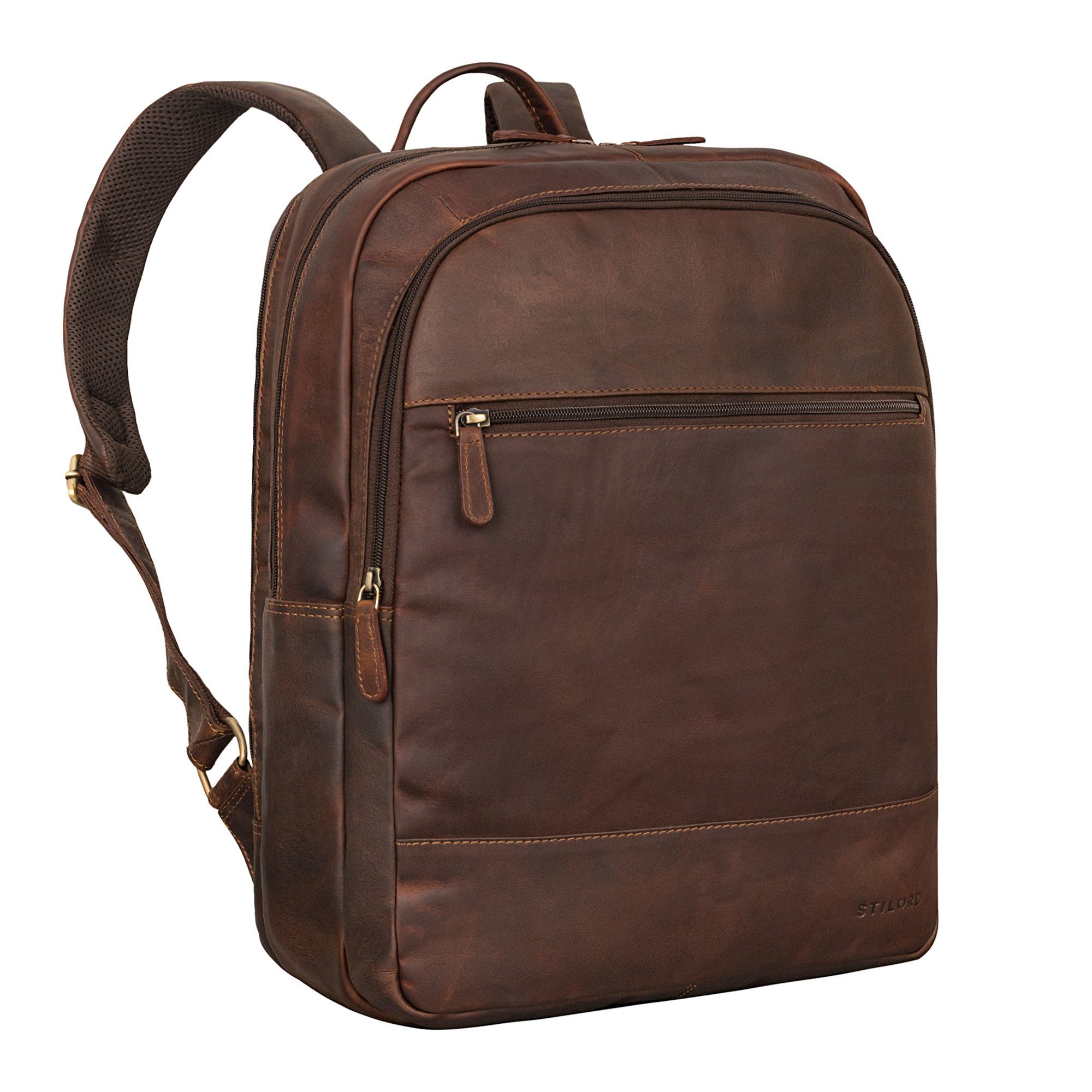 mit Laptopfach "Norbert" cognac STILORD - Rucksack Großer dunkelbraun Zoll Notebook-Rucksack Leder 15,6