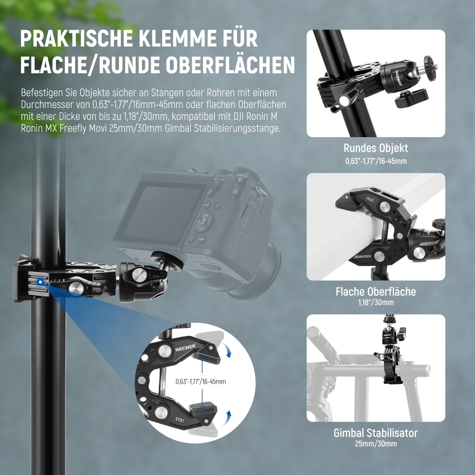 Neewer Action Cam-Halterung ST87 Superklemme mit Kugelkopf, Kaltschuh, Handyhalter, (Packung, Farbe:schwarz, Grundfarbe:schwarz, Action-Kamera-Halterungsadapter, für Flache/runde Oberfläche GoPro DJI)