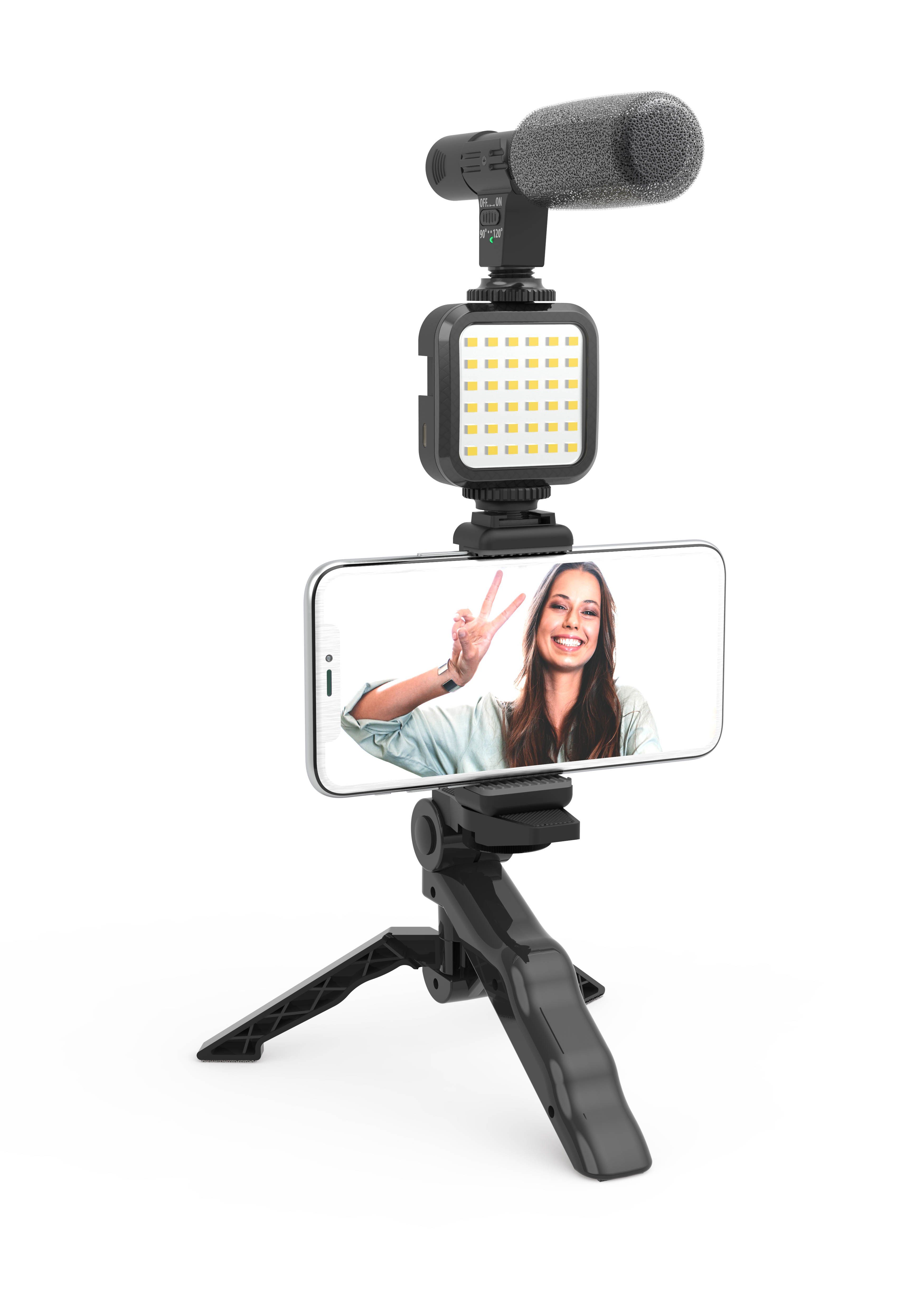 DigiPower Smartphone-Halterung Vlogging Set "Like Me", LEDs Mikrofon Handy Halterung Mini-Stativ, (4-tlg., für TikTok, Youtube, Live-Streaming und Meetings)