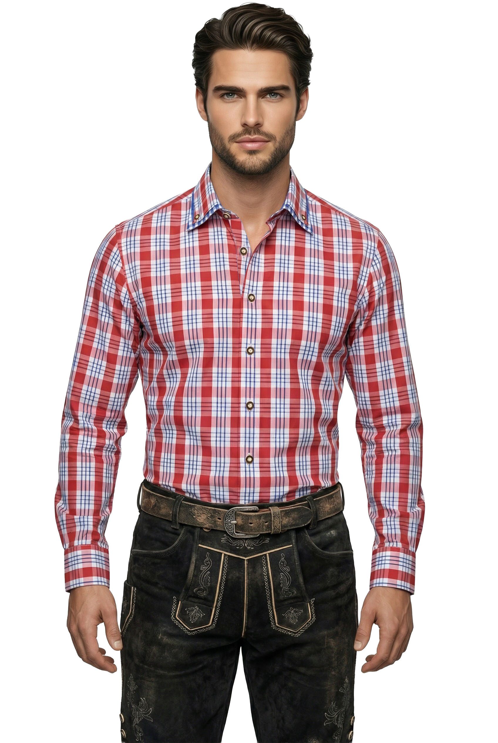 Moschen-Bayern Trachtenhemd Trachtenhemd Herrenhemd SLIM FIT kariert Karo Herrenhemd Langarm Rot