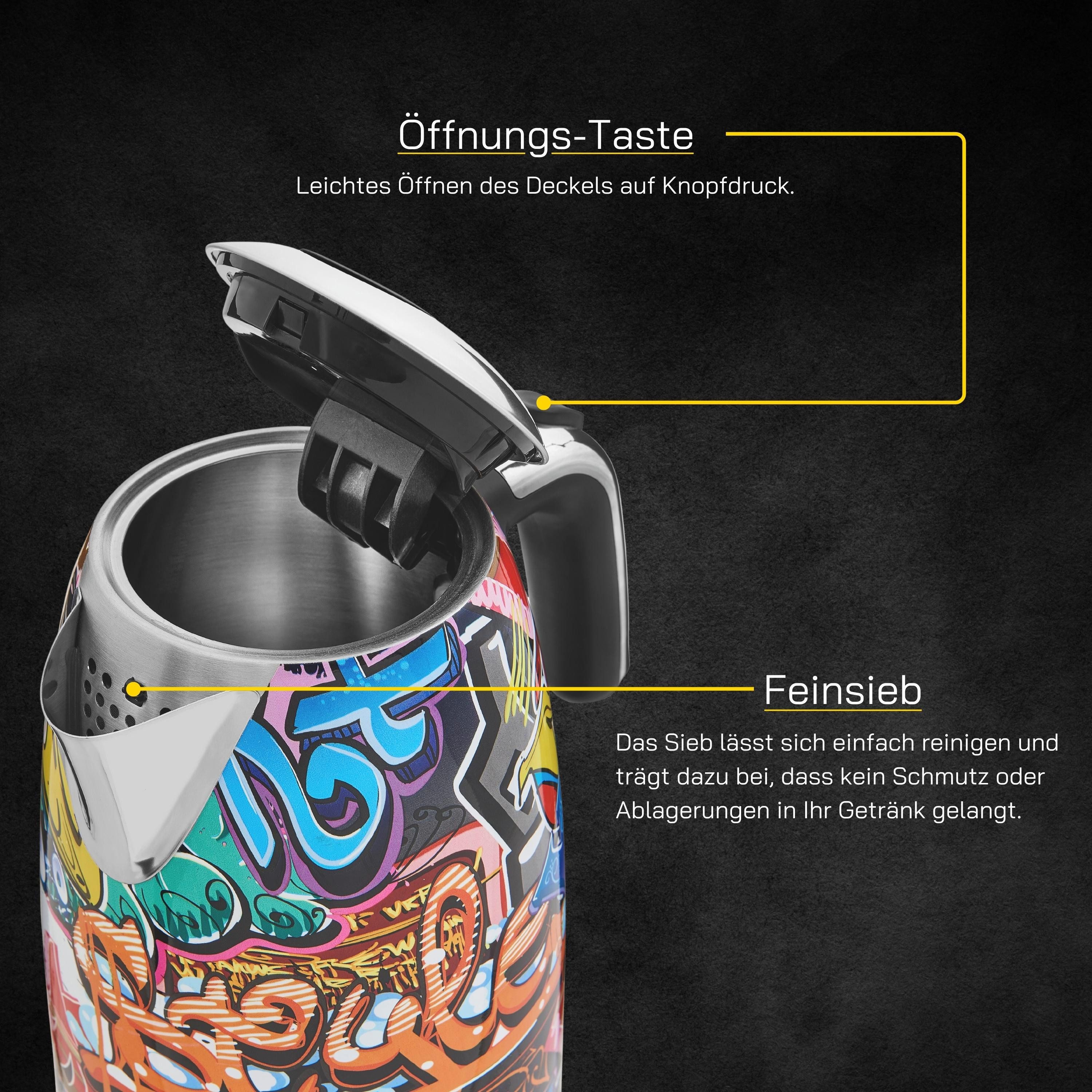 Gutfels Wasserkocher WATER 3010 G, 1,7 l, 2200 W, 1,7 L, 2200 Watt, Graffitti-Style – Bild 5 von 5