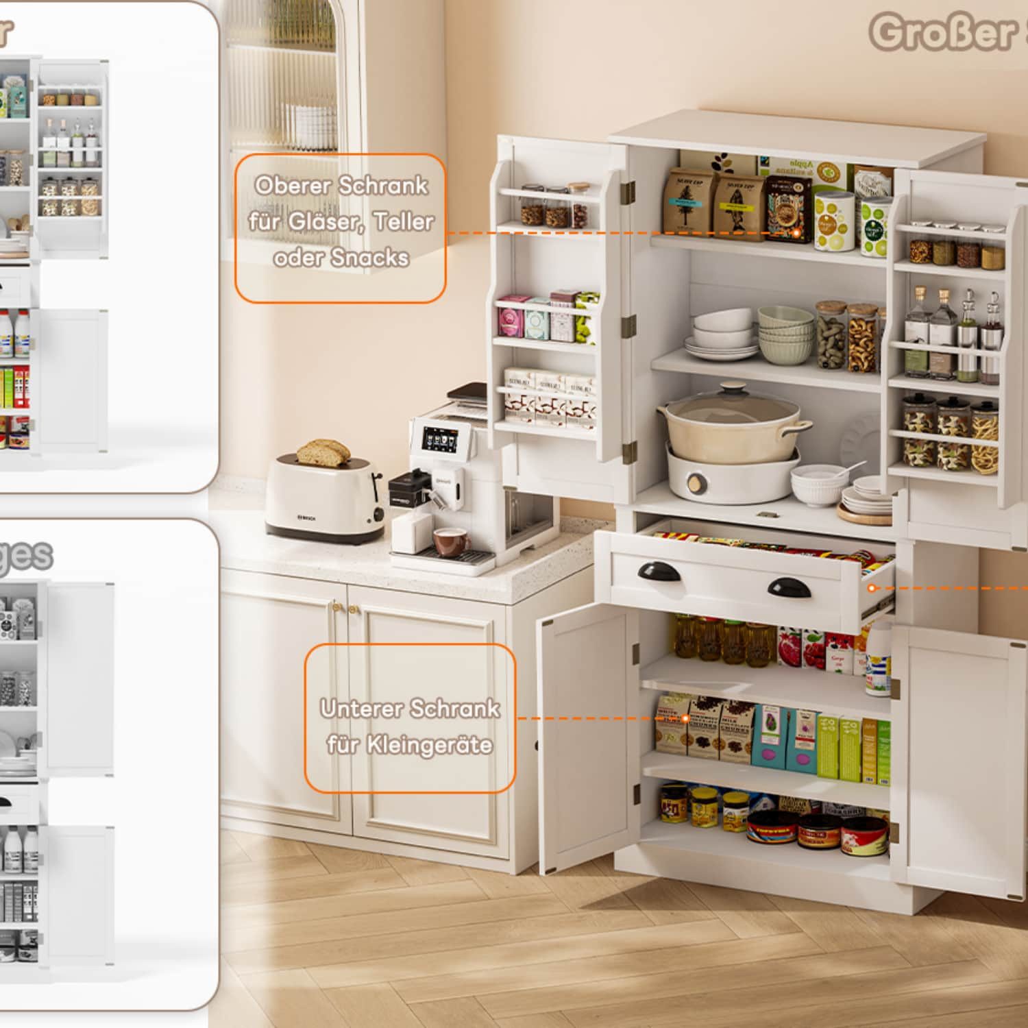 ANYSUN Mehrzweckschrank Mehrzweckschrank Küchenschrank mit höhenverstellbaren Einlegeböden Doppeltüriger Vorratsschrank, 80 × 40 × 182 cm, Küche & Wohnzimmer