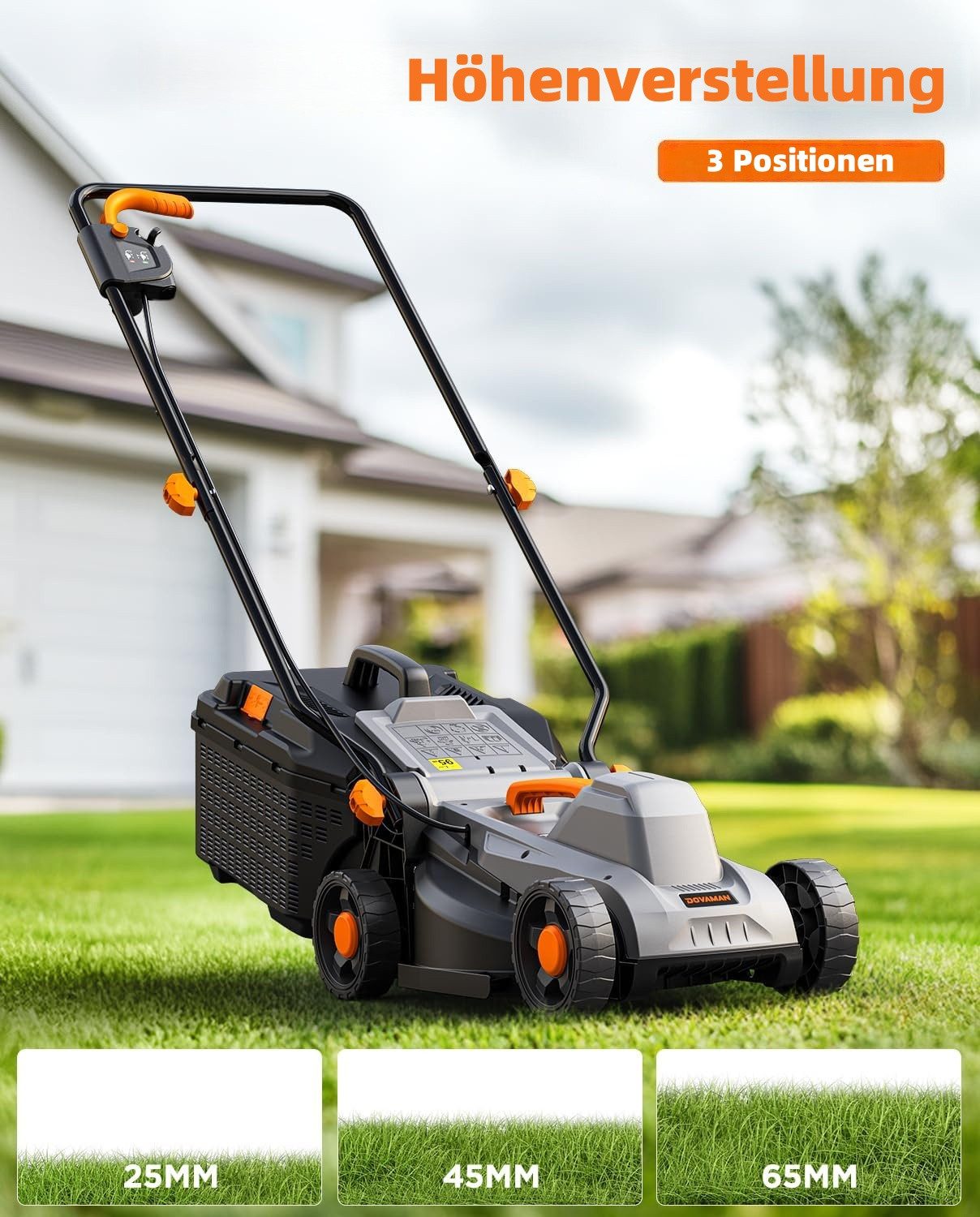 DOVAMAN Electric Lawn Mower 1300W, 33cm Cutting Width, 3-Position Height Adjustable, 95% Grass Collection Rate