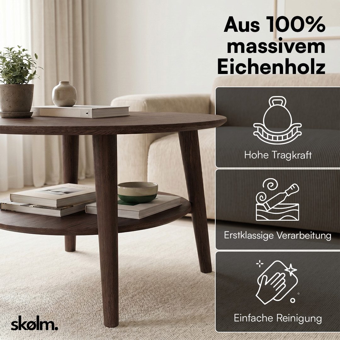 skølm Couchtisch Mjölnir aus Eiche Massivholz (Dunkel lackiert), Wohnzimmertisch Ø70 cm mit 2 Ablagen, auch in oval erhältlich – Bild 4 von 5