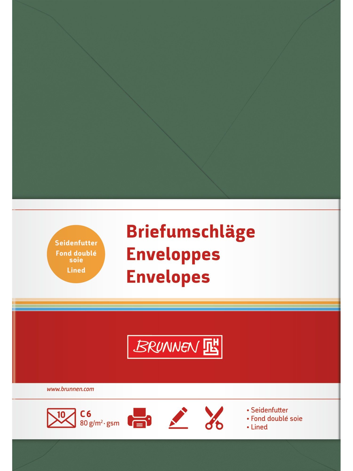 Baier & Schneider Briefumschlag Briefumschläge C6 mit Seidenfutter 10 Stück moosgrün, mit Seidenfutter gummiert nassklebend