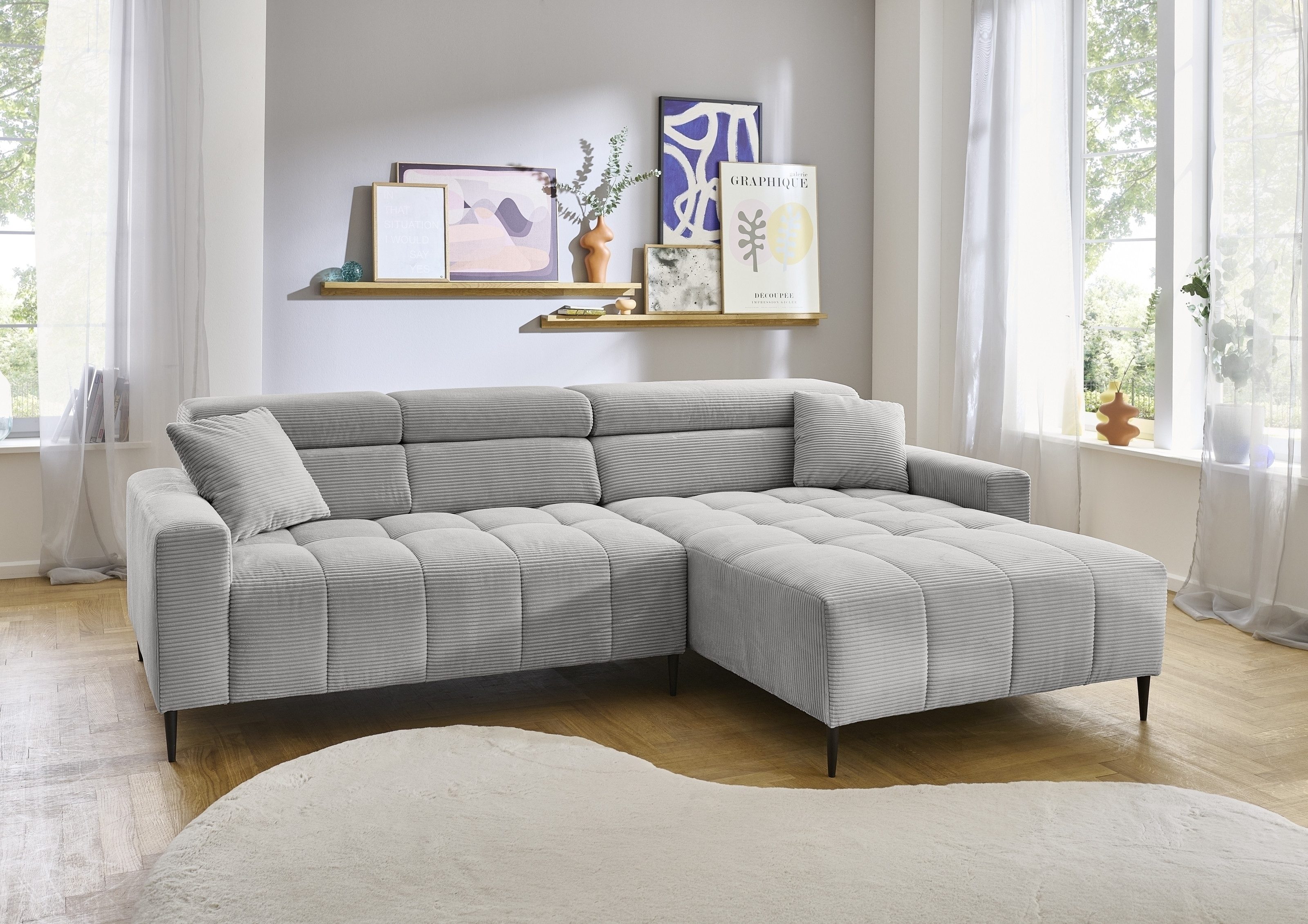 Iwaniccy Wohnlandschaft elektr. Sitztiefenverstellung, Cord silbergrau - 256x100x180cm (BxHxT)