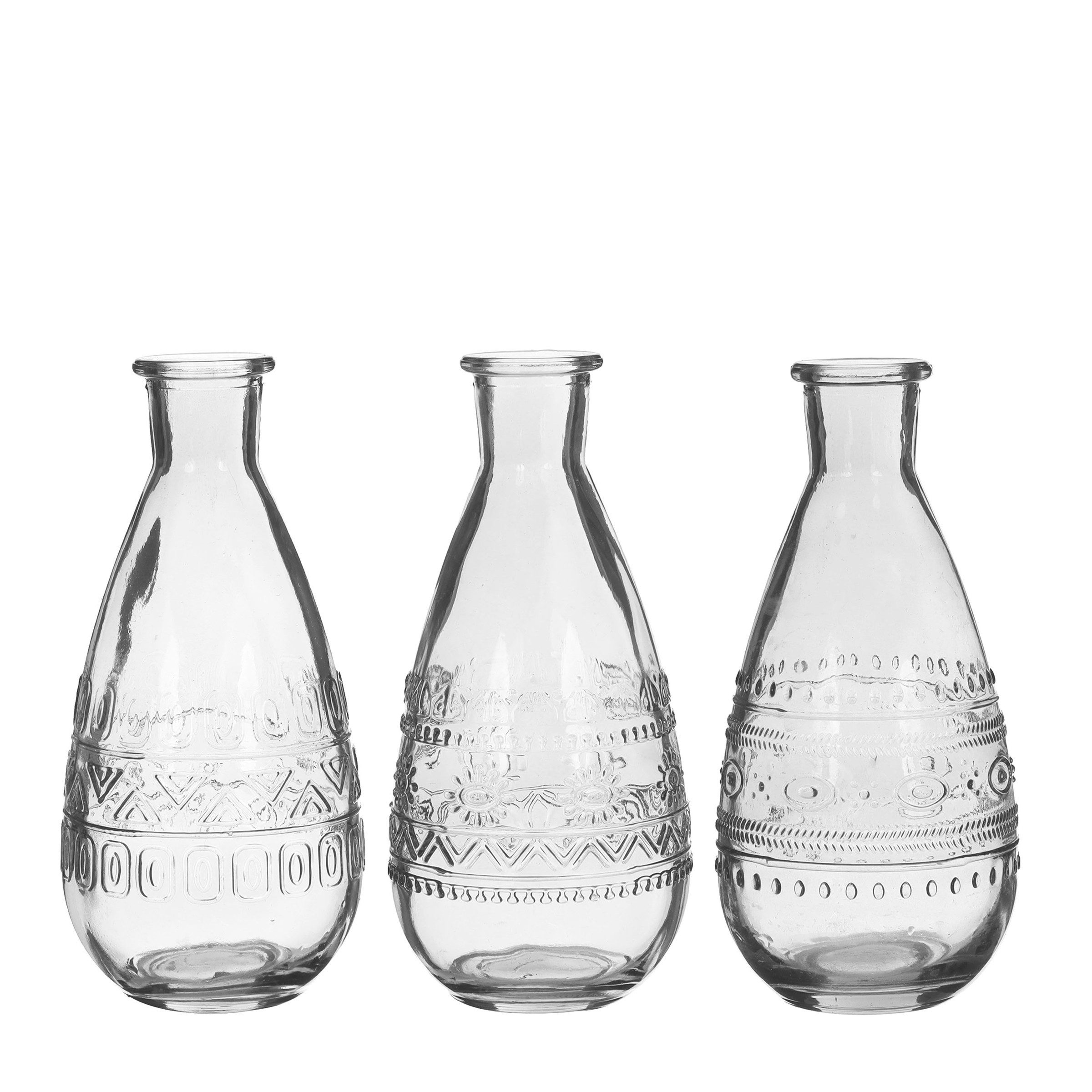 finehomegarden Dekovase Glas Flasche ROME Ø7,5cm H15cm Glasflasche 3fach sort. Flasche (3er Set, 3 St., 3 Vasen), Glasvase Vintage Vase klar, pink, grün, grau 4Farben wählbar