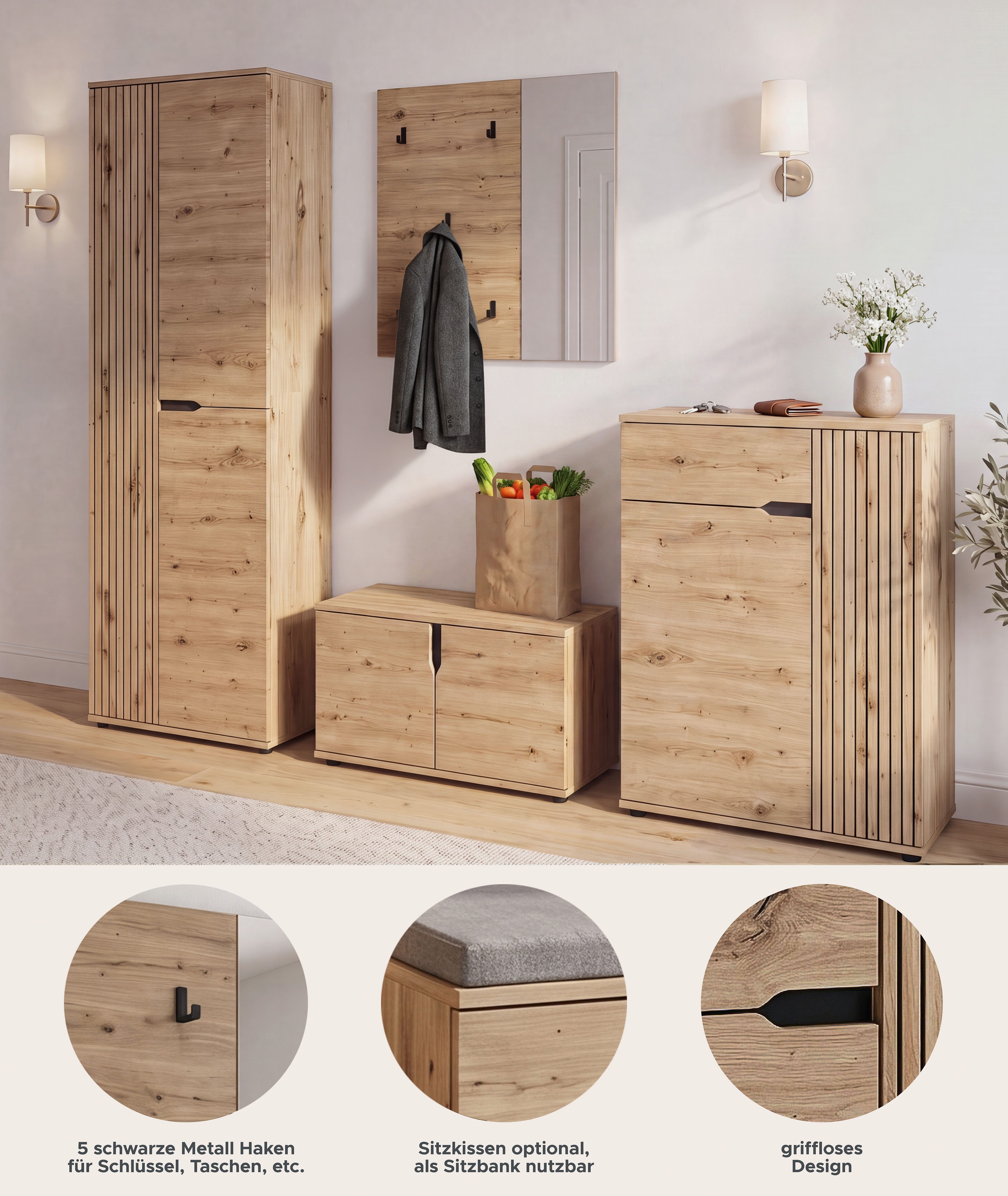 OTTO home Garderoben-Set FJELL, 4-teilig, Breite 255cm, Front mit hochwertiger Längsfräsung, (bestehend aus: Garderobenschrank, Sitzbank, Paneel & Schuhkommode), Garderobenkombination, Kombination, Set, Garderobe, Flurgarderobe