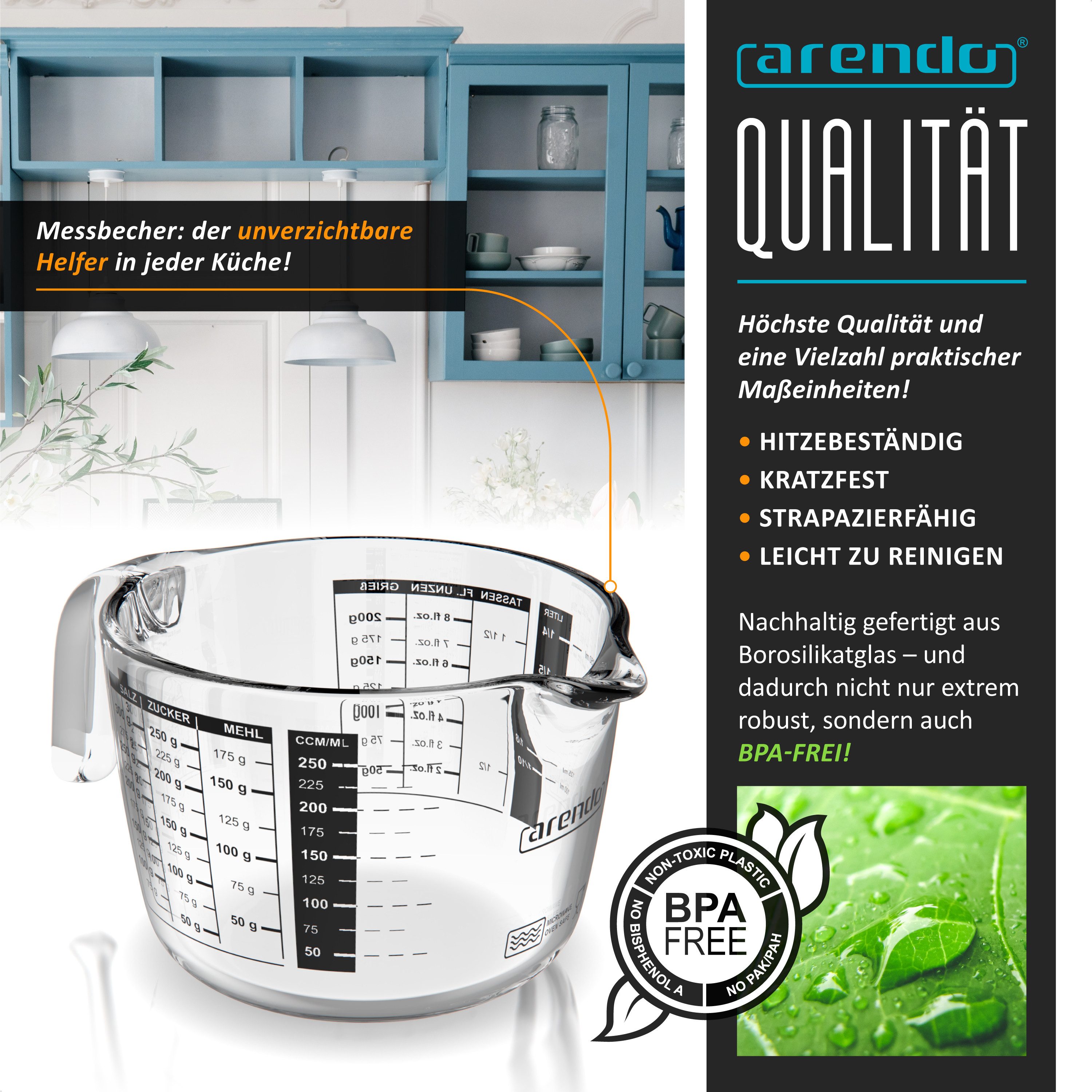 Arendo Messbecher 250 ml Glas Messkrug, Borosilikatglas, Mikrowellengeeignet, Glas, 0,25l, präzise Skala, hitzebeständig, Küchenhelfer mikrowellengeeignet