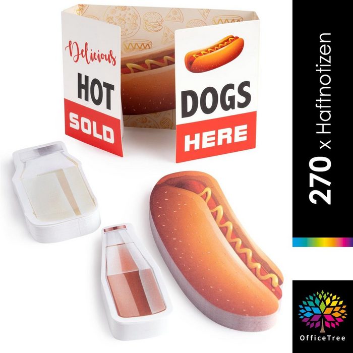OfficeTree Haftnotizblock Haftnotizen Hot Dogs 3 x 90 Blatt – Für Studenten und als Büro Gadgets