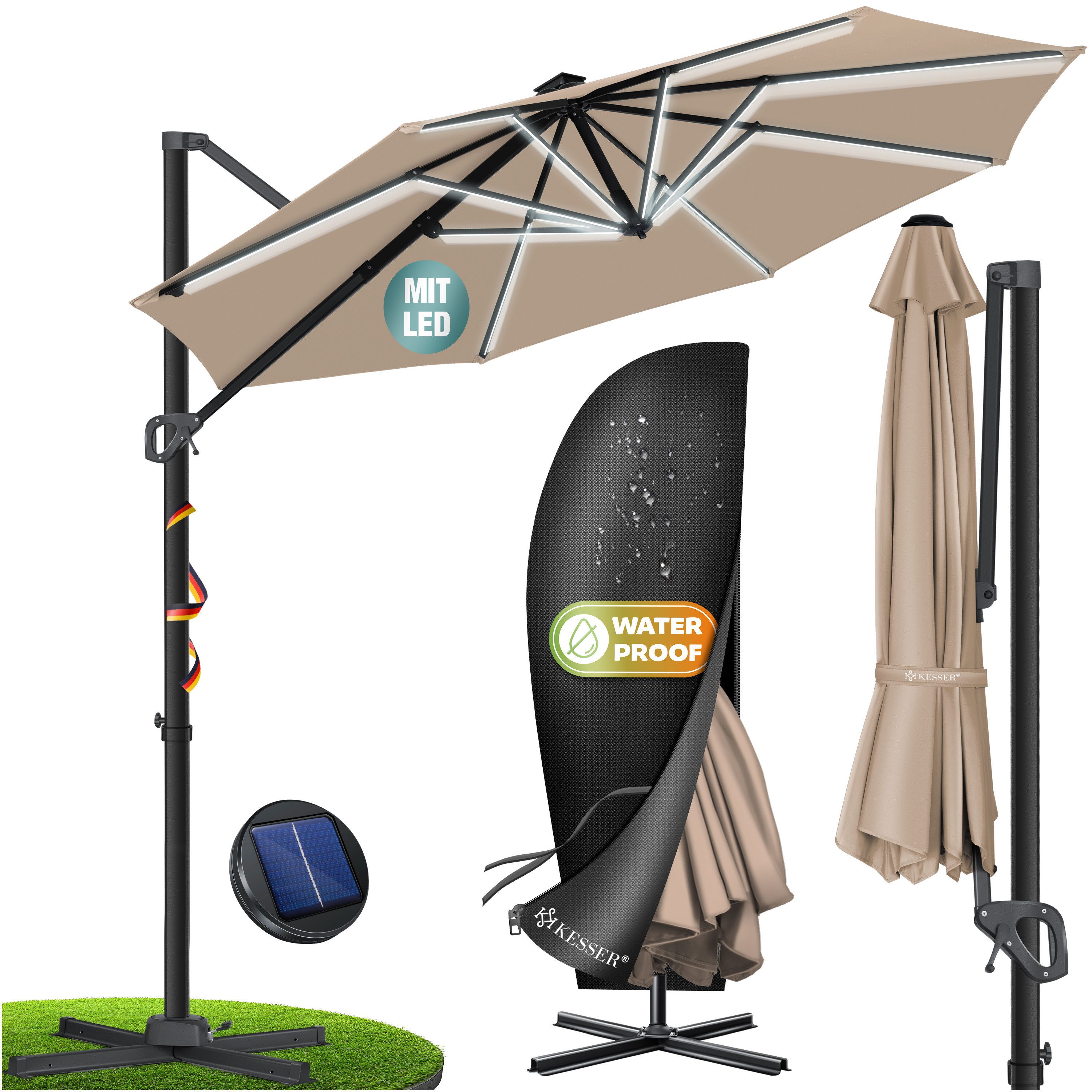 KESSER Ampelschirm, Sonnenschirm SUN Rund XL Ø330 cm 360° Drehbar inkl. Abdeckung