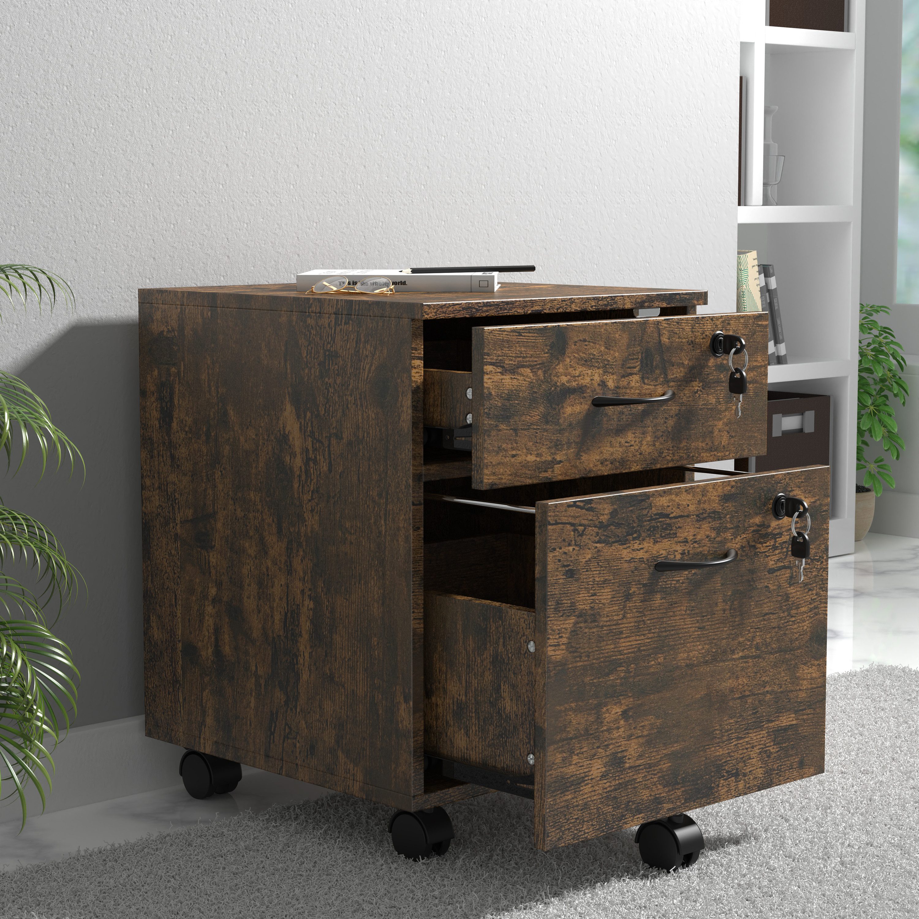 VCM Rollcontainer Büroschrank Baula H. 55 x B. 40 x T. 44 cm, Beistellcontainer mit zwei Schubladen, Bürocontainer abschließbar