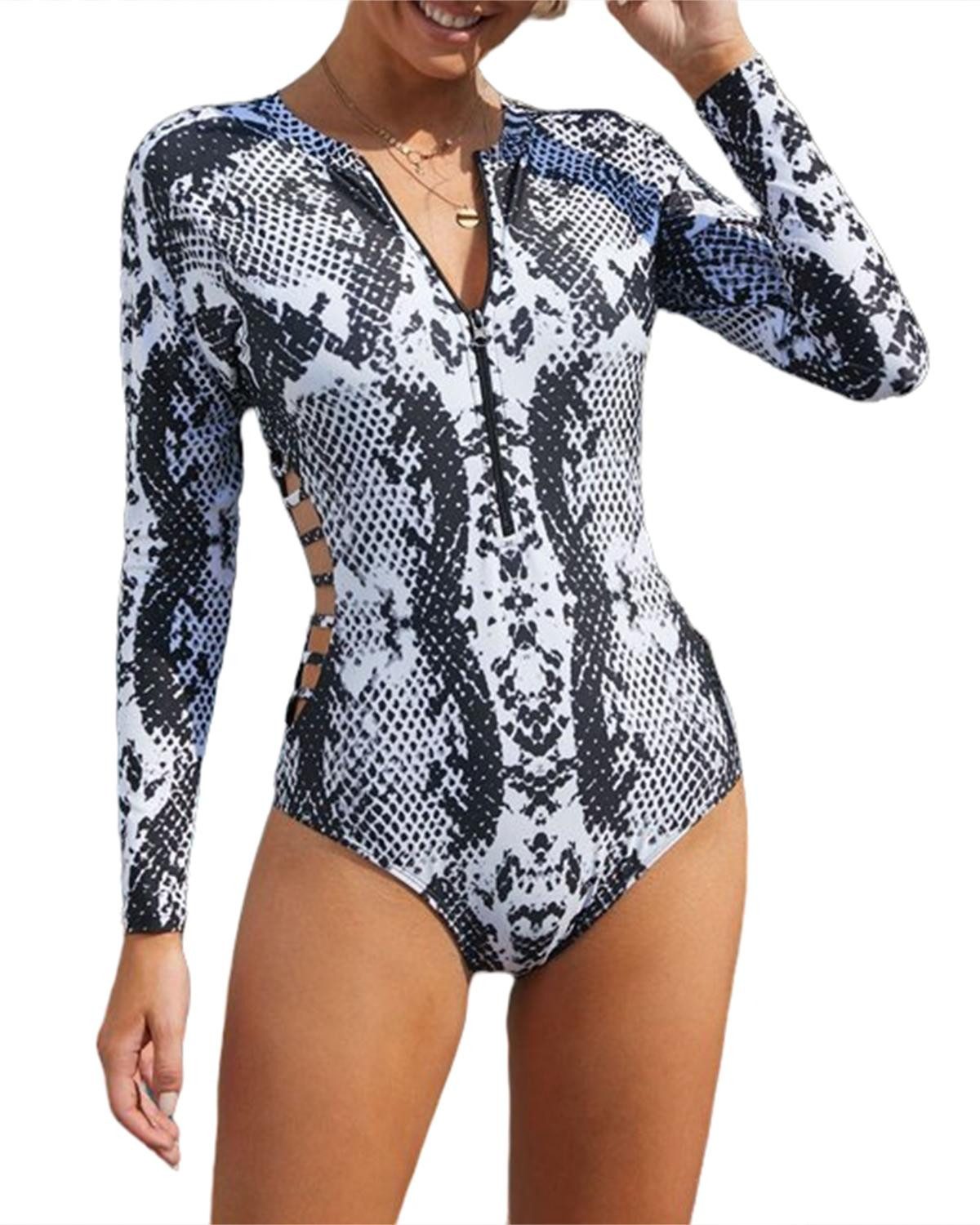 B.X Schwimmanzug Damen Badeanzug Langärmlig grau, mit Reißverschluss vorne bedruckt Shaping-effekt Surf, Schwimmanzug,schwarz mädchen Grosse Grössen