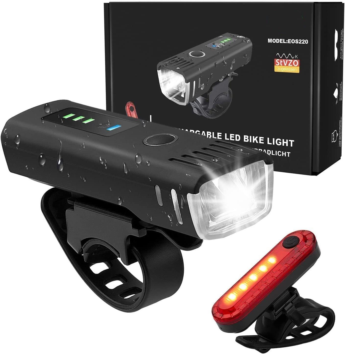 7Magic Fahrradbeleuchtung »Frontlicht und Rücklicht, mit 2x USB  Ladekabeln«, Regen und Schneefest, für Mountainbikes oder Heimfahrräder