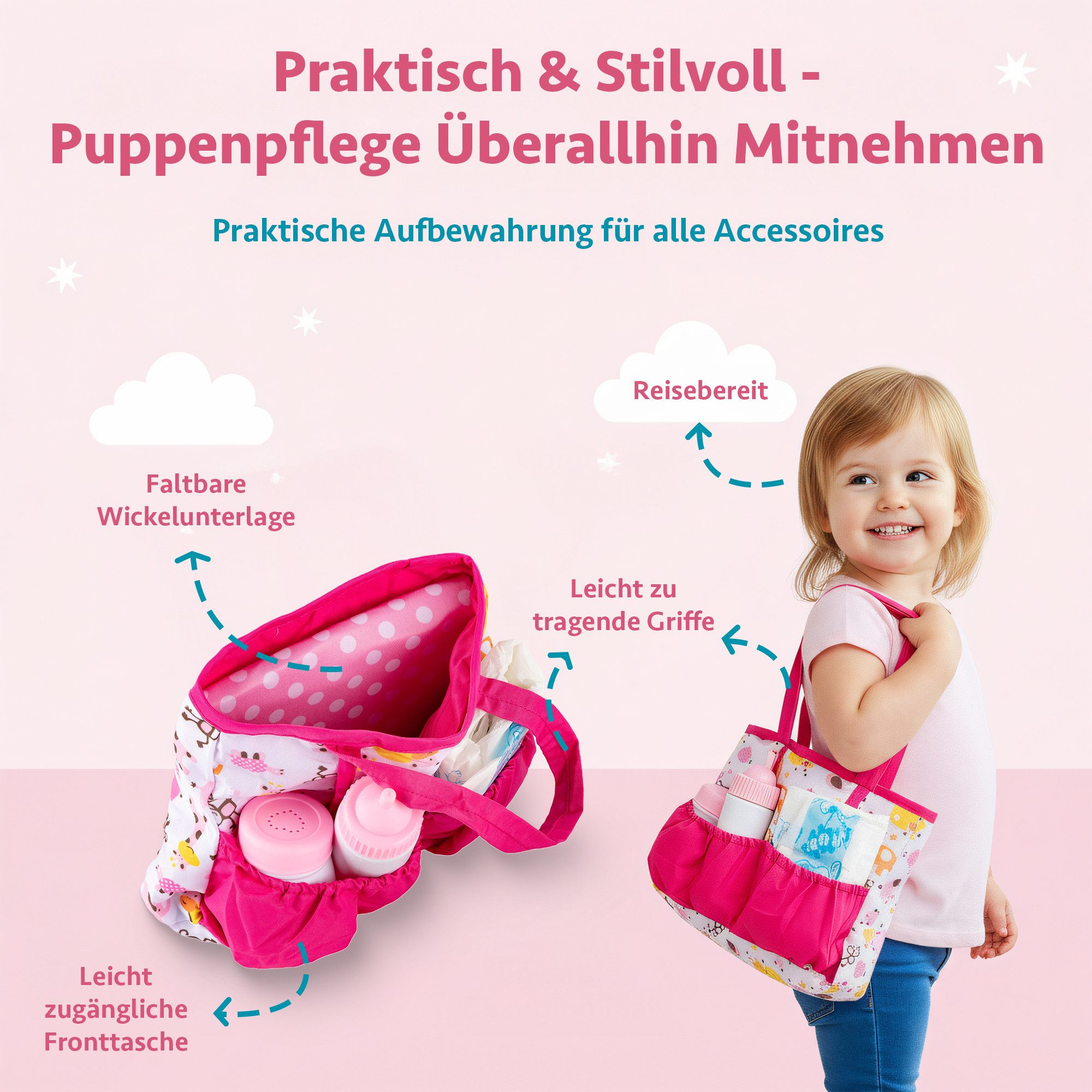 Kinderplay Dolls & Strollers Puppen Accessoires-Set Puppen Pflegeset mit Tasche – realistisches Rollenspiel Zubehör, (Set) – Bild 5 von 5