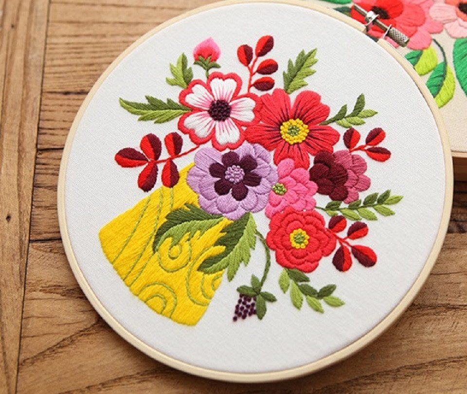 101DIYStudio Kreativset Stickset Anfänger Blumen, Stickerei Erwachsene, Geschenk Geburtstag, (Vorgedrucktes Motiv)