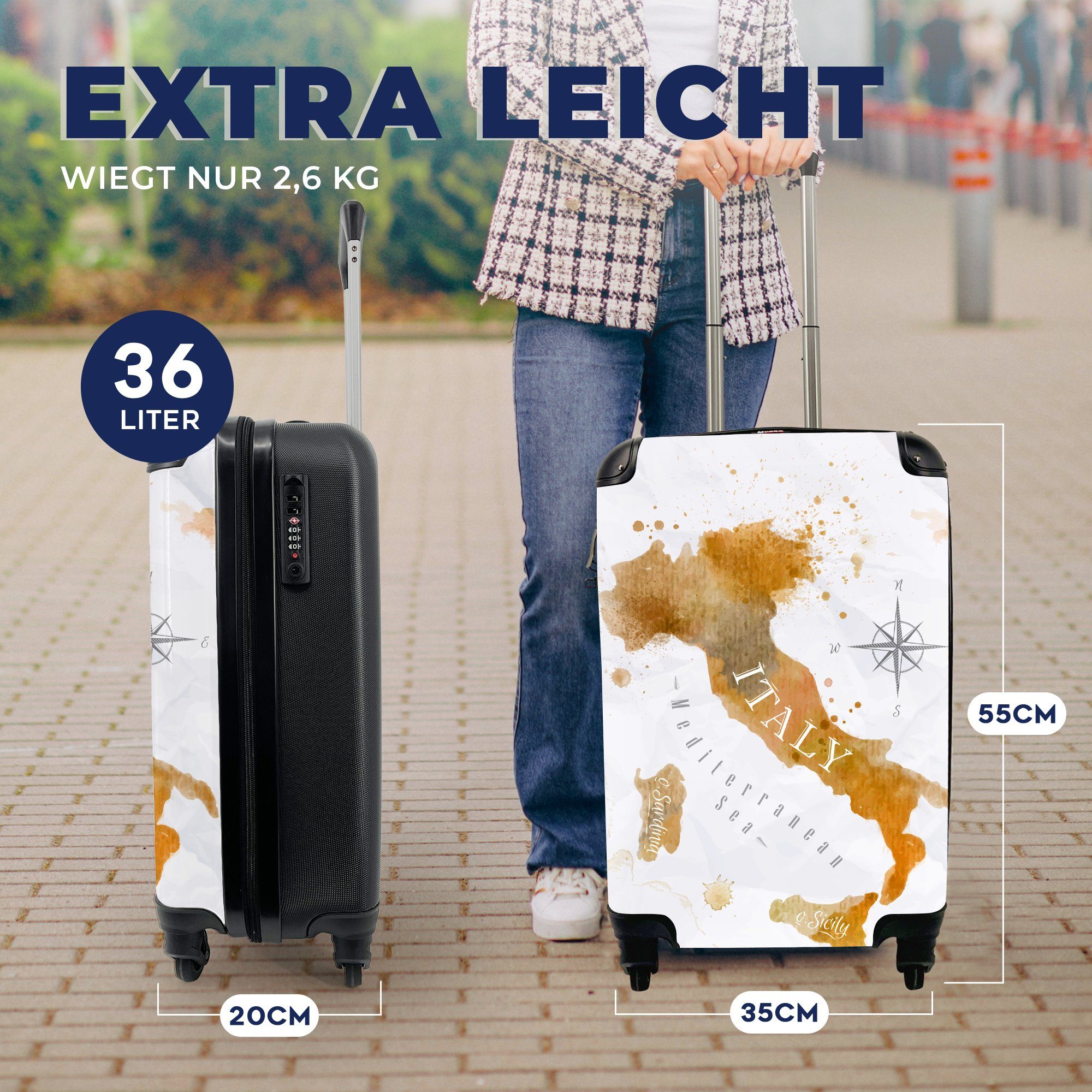 Handgepäckkoffer Reisekoffer Handgepäck für 4 Trolley, Reisetasche MuchoWow Rollen, Farbe Weltkarte - Italien, rollen, Ferien, mit -