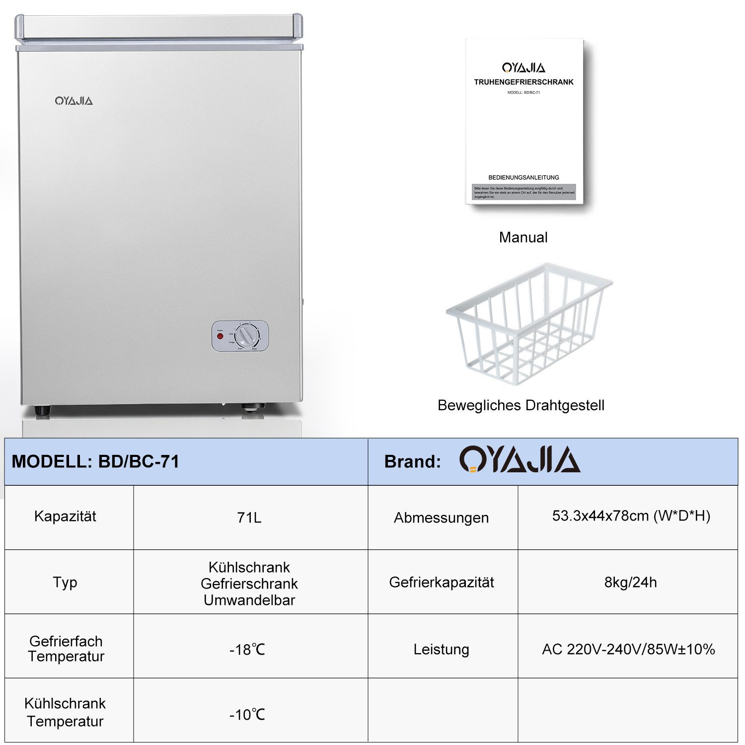 oyajia Gefriertruhe Tiefkühltruhe klein, 4-Sterne Gefrieren, Super-Frost-Funktion, Kühltruhe inkl. Ablagekorb BD/BC-71, 71 l, elektronische Temperaturregelung, leise