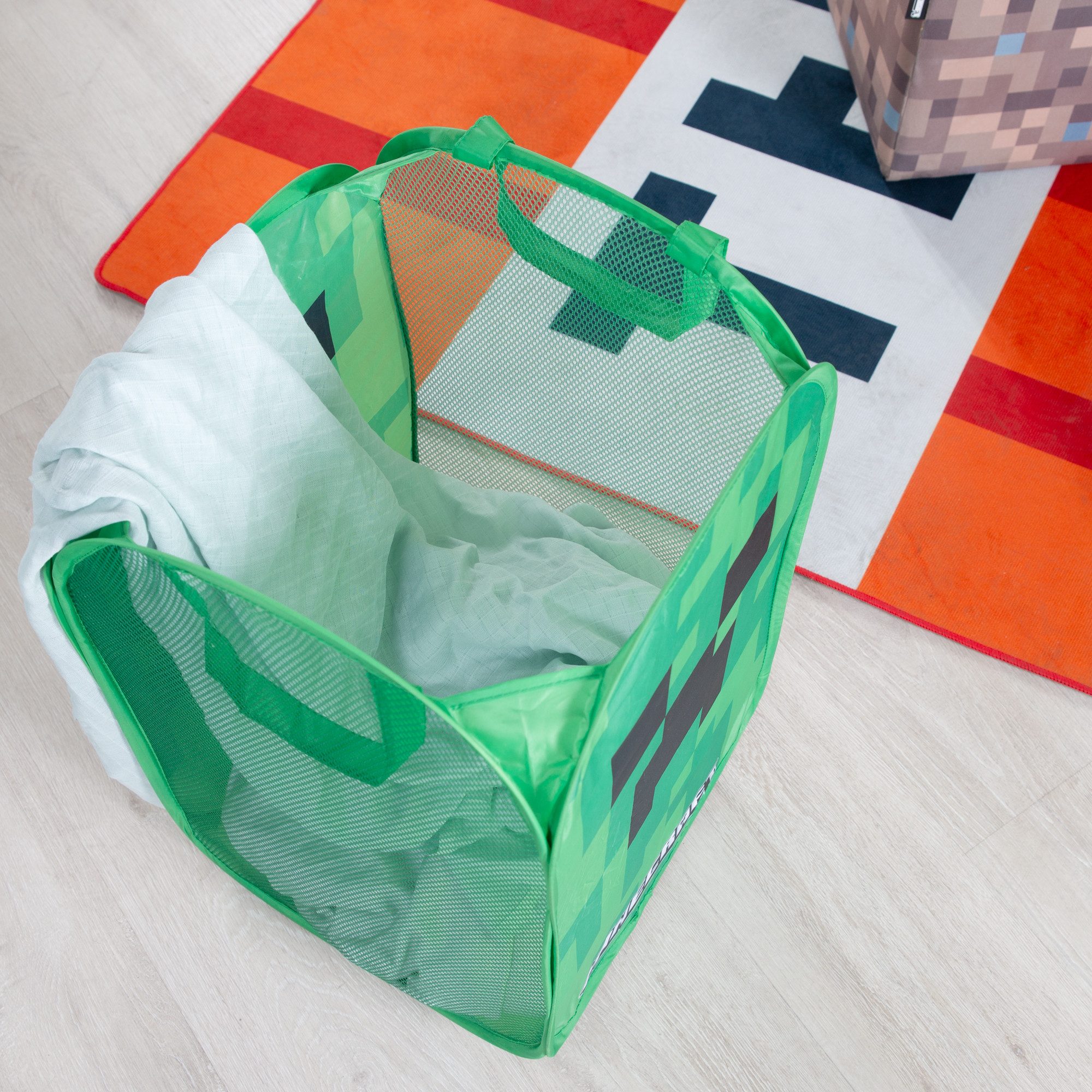 Minecraft Wäschekorb aus Stoff - Wäschebox - Faltbar mit 2 Hänkeln - Mit Creeper Motiv, - perfektes Geschenk für Kinder & Fans des Spiels