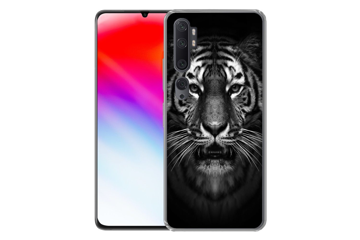 MuchoWow Handyhülle für Xiaomi Mi Note 10 Tiger - Tiere - Schwarz - Weiß - Porträt - Wild