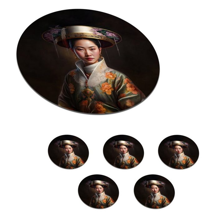 MuchoWow Glasuntersetzer Frauen - Asiatisch - Blumen - Porträt Zubehör für Gläser 6-tlg. Getränkeuntersetzer Tassenuntersetzer Korkuntersetzer Tasse Becher