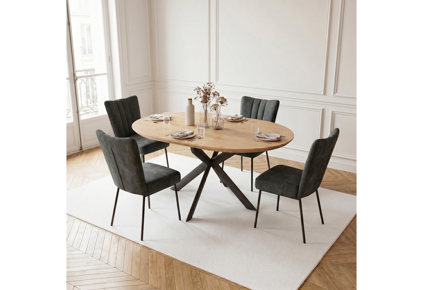Jiexi Essgruppe Esstisch ausziehbar rund bis oval MDF-Platte mit Samtstühlen